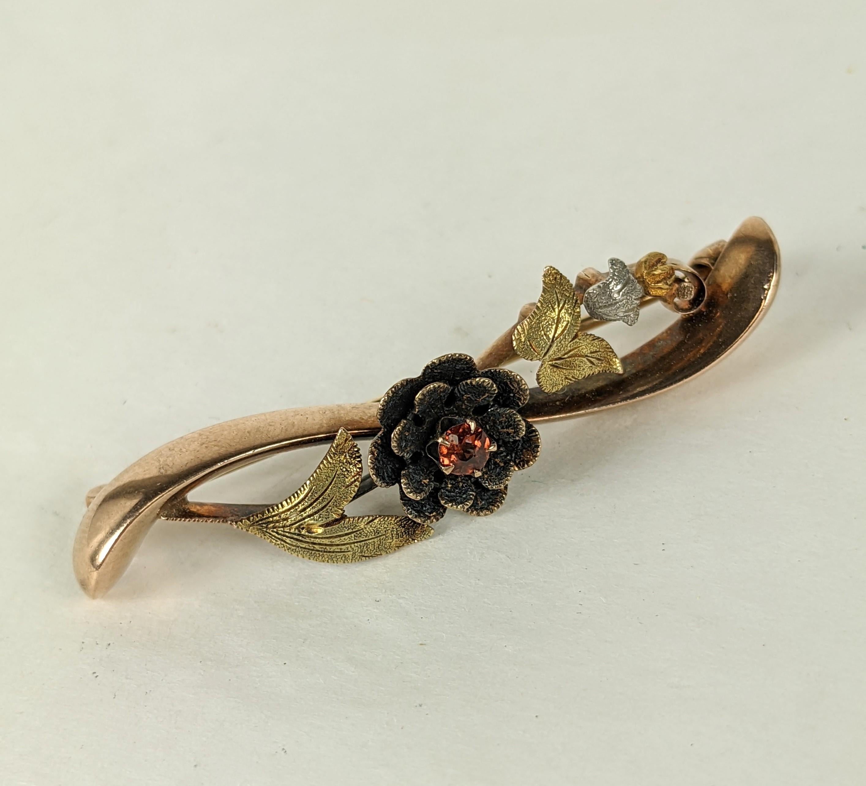 Late Victorian Victorian Tri Color Gold Floral Bar Pin For Sale