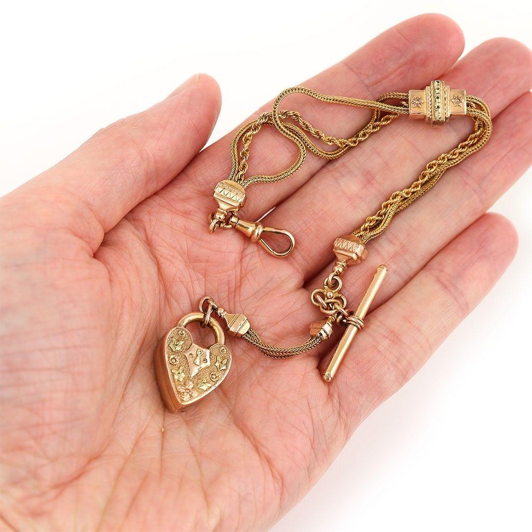 Victorian Tri-Coloured Gold Fancy Link Albertina Bracelet with Heart Padlock 3
