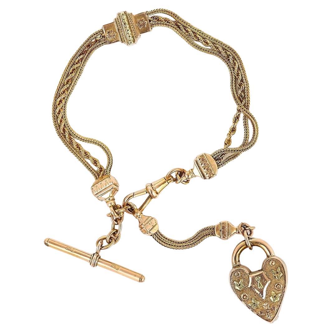 Victorian Tri-Coloured Gold Fancy Link Albertina Bracelet with Heart Padlock