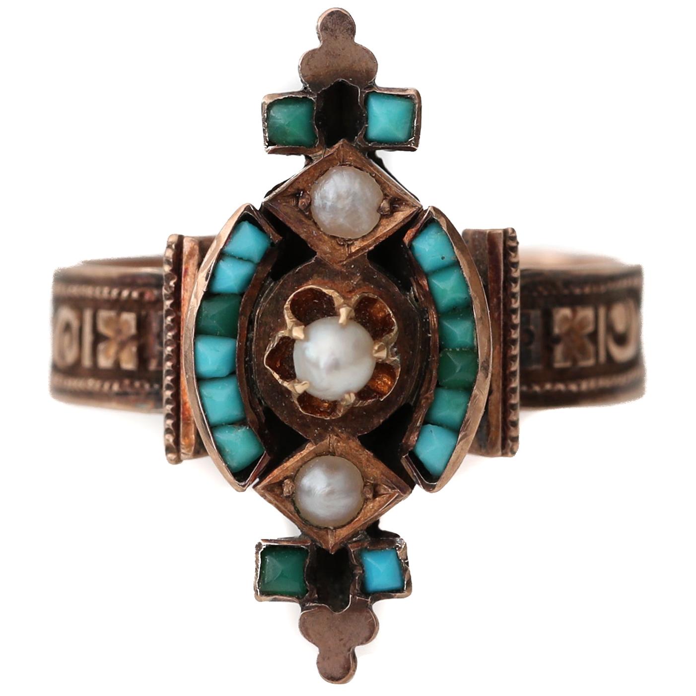 Victorian Tribal Turquoise 9 Karat Rose Gold Ring with Seed Pearls Etched Design