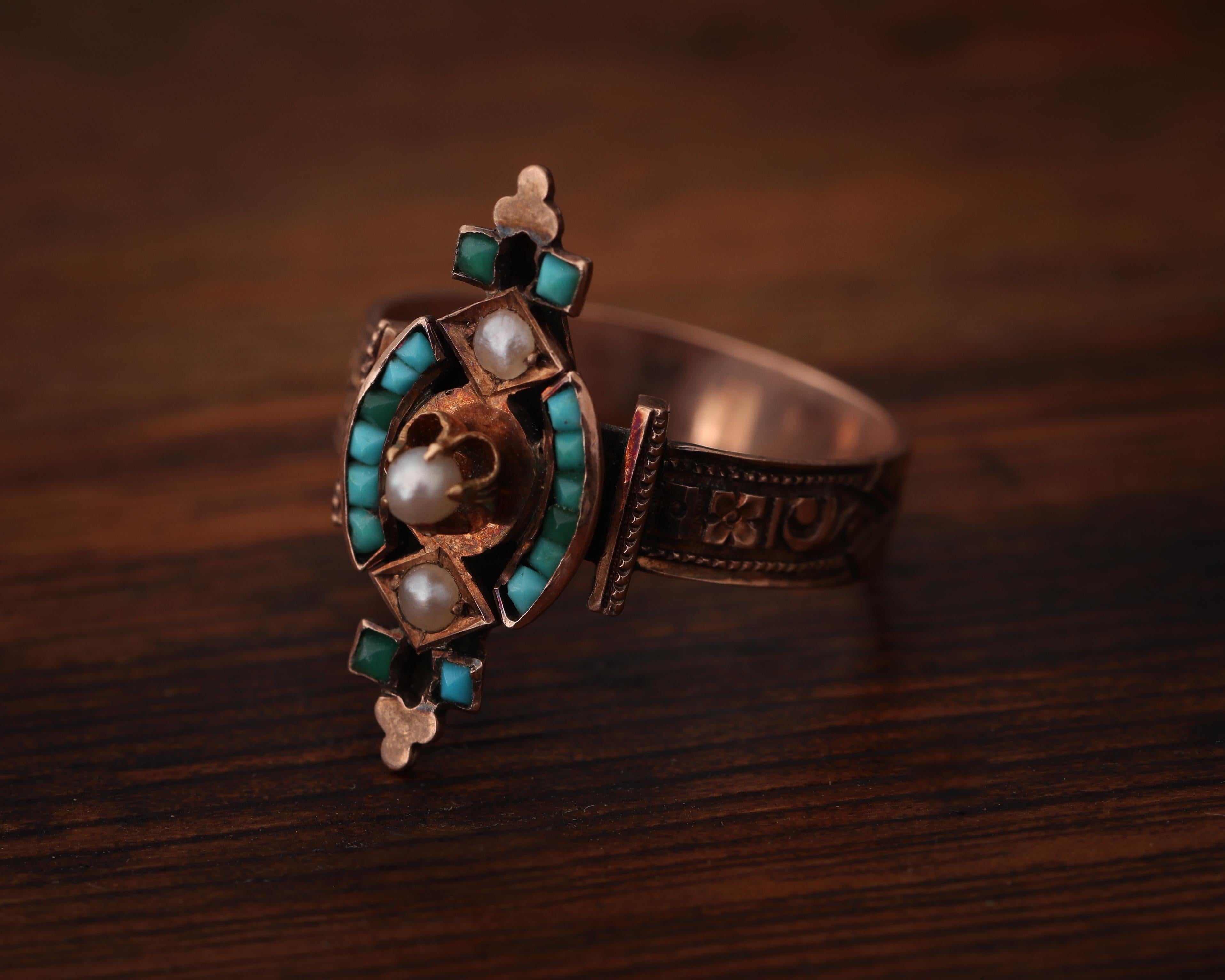 Victorian Tribal Turquoise 9 Karat Rose Gold Ring with Seed Pearls Etched Design In Good Condition In Addison, TX