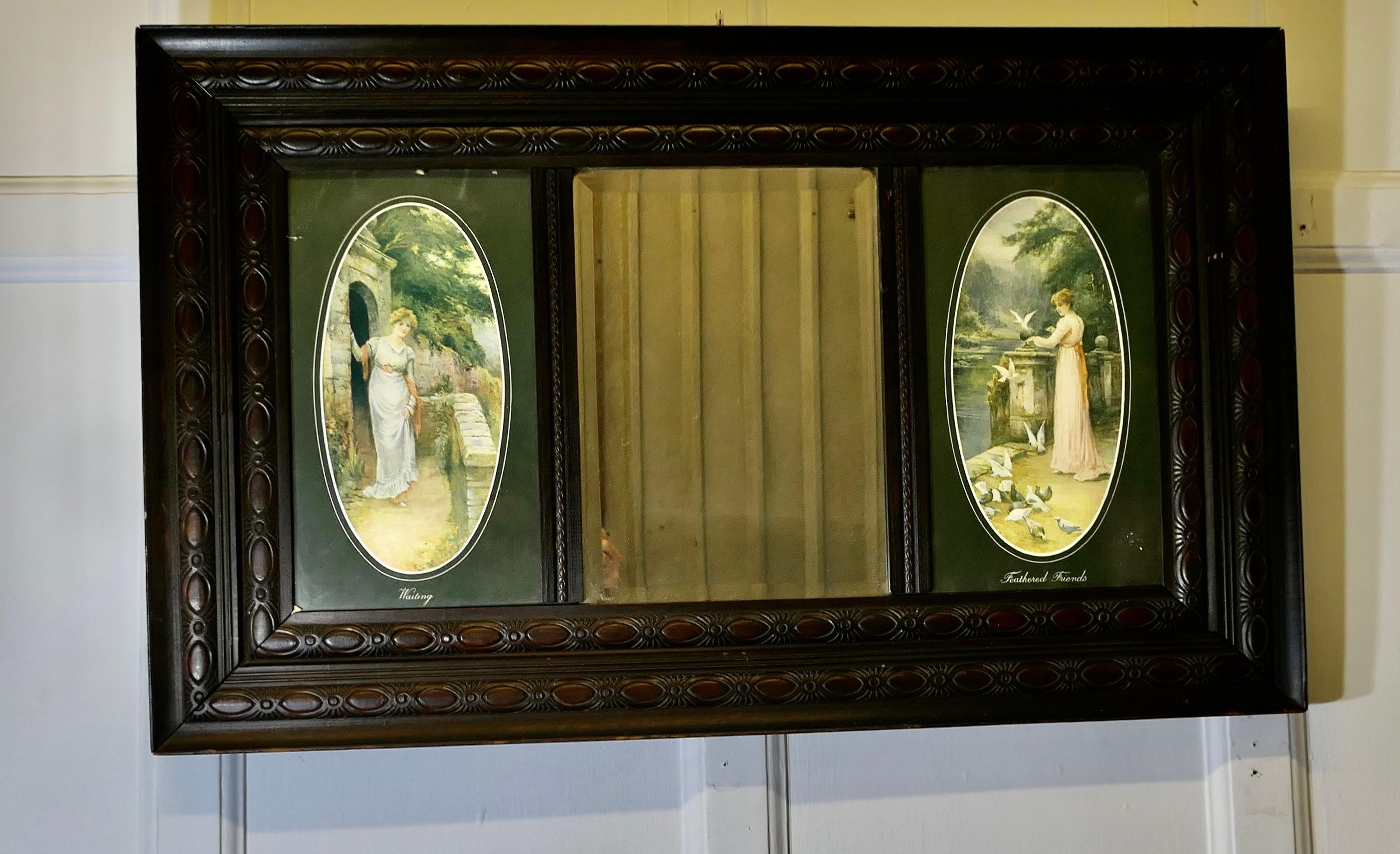 Triple miroir mural et impressions victorien

Il s'agit d'une belle pièce décorative. Le long cadre sculpté de 4,5 pouces de large comporte un miroir biseauté central bordé de deux gravures, une de chaque côté, 