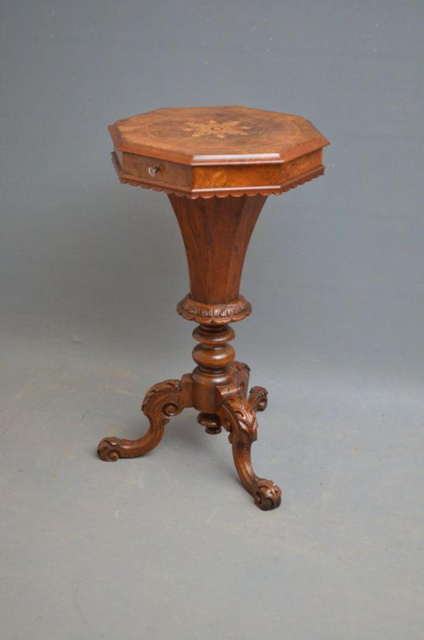 Sn3324 Victorian, walnut and burr walnut trumpet work table, having finely inlaid octagonal, hinged top which open to reveal original interior with small compartments, standing on tapering trumpet shaped column terminating in 3 carved cabriole legs,