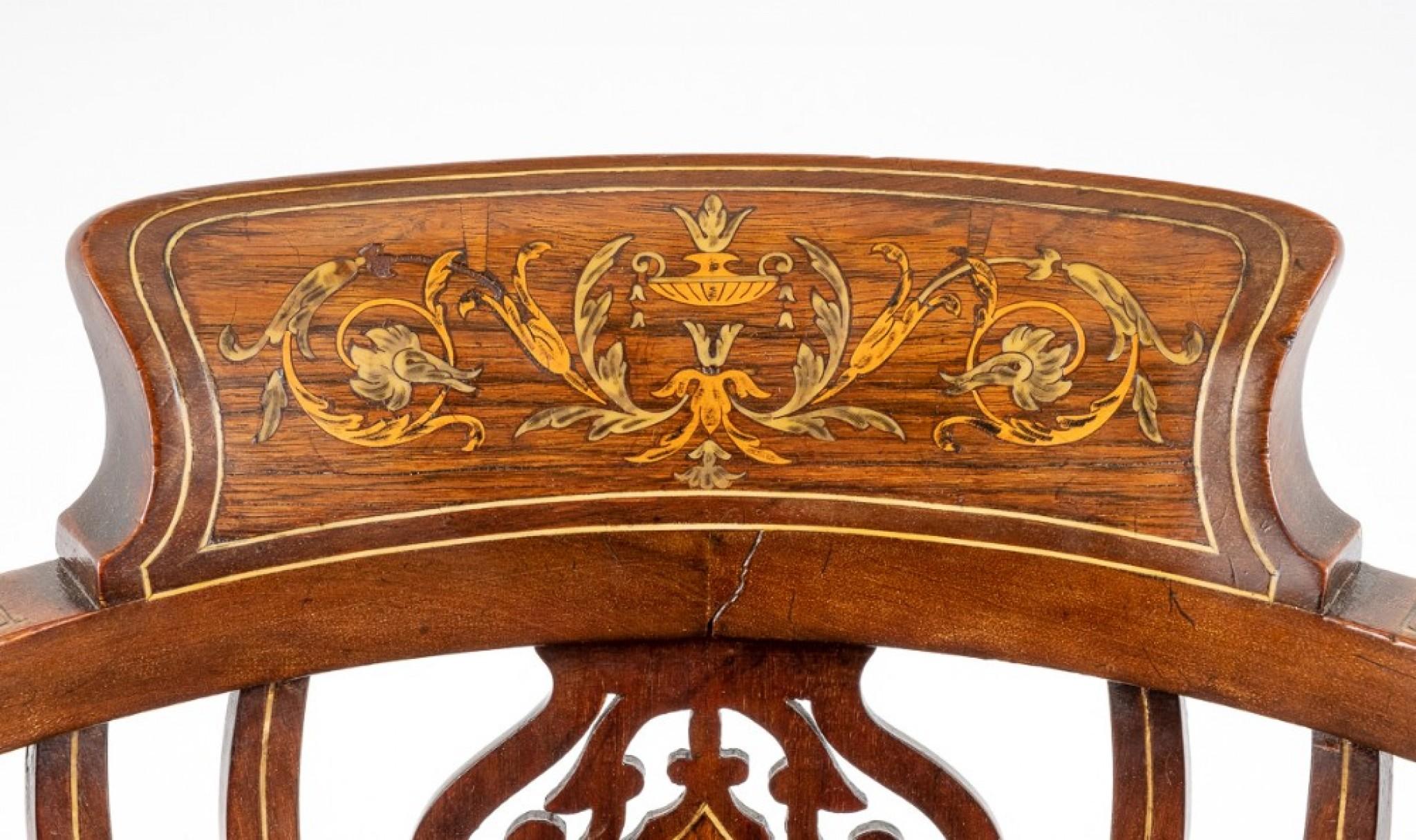 Victorian Tub Chair Marquetry Inlay 1880 In Distressed Condition For Sale In Potters Bar, GB
