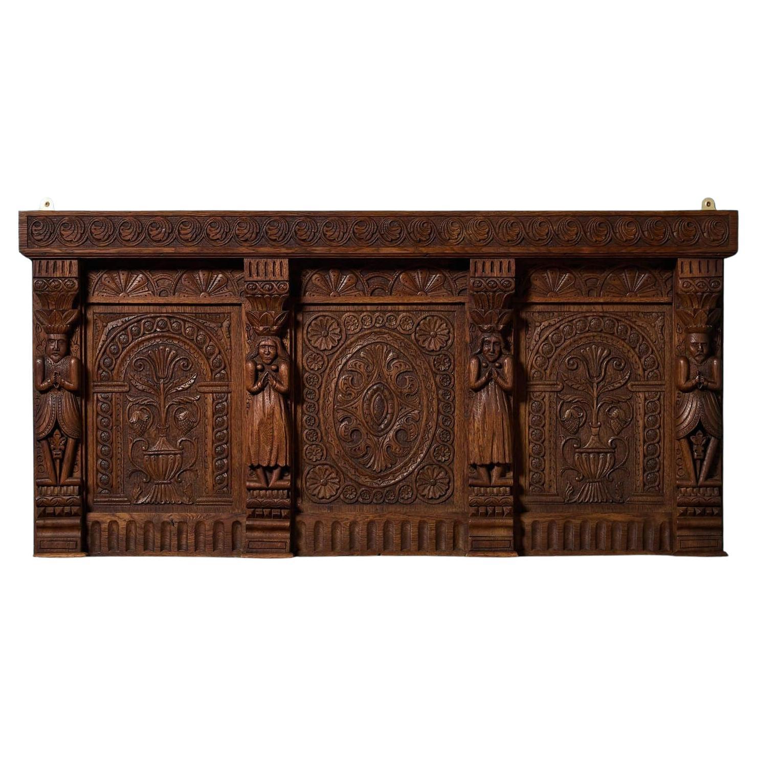 Victorian Tudor Revival Carved Oak Wall Panel