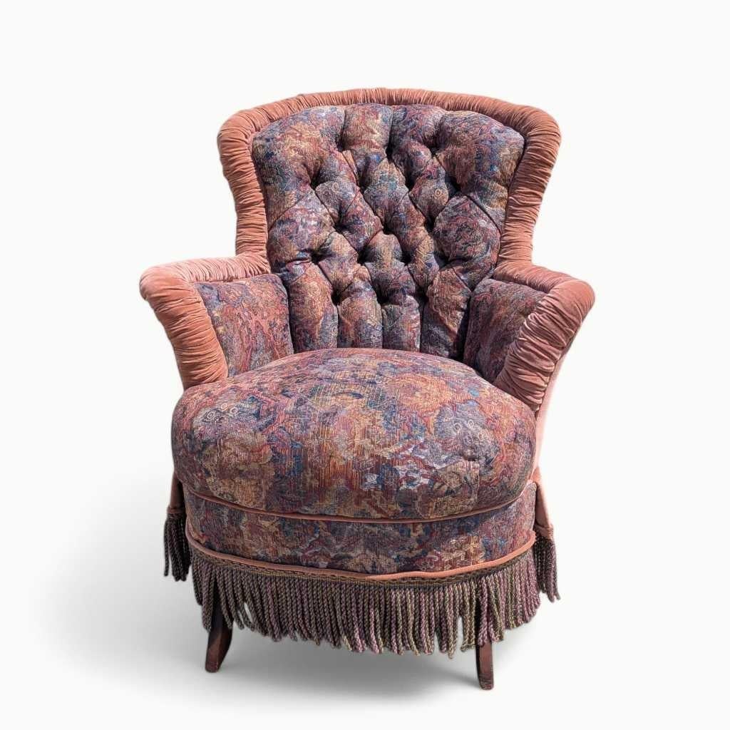 Sedia a dondolo vittoriana con cuscini, velluto floreale e frange, c. 1900, USA in vendita 7