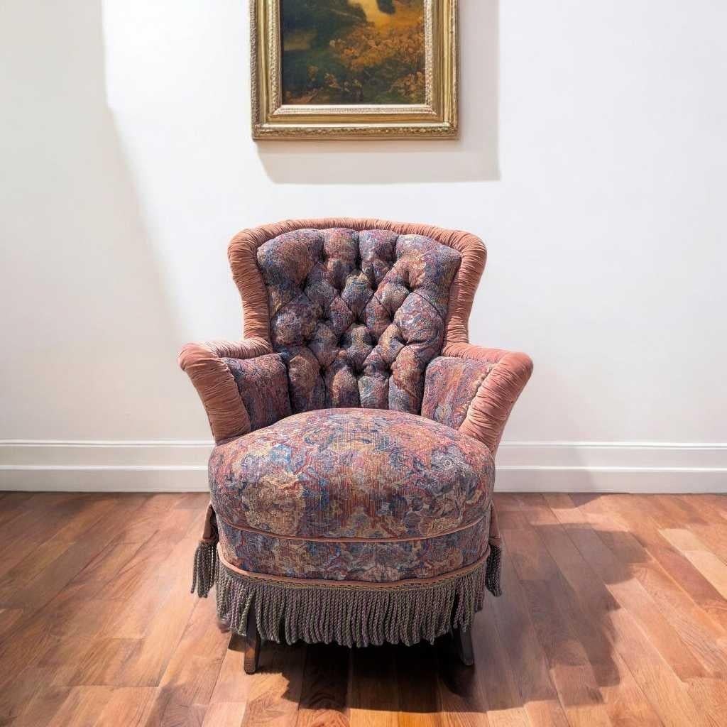 Americano Sedia a dondolo vittoriana con cuscini, velluto floreale e frange, c. 1900, USA in vendita