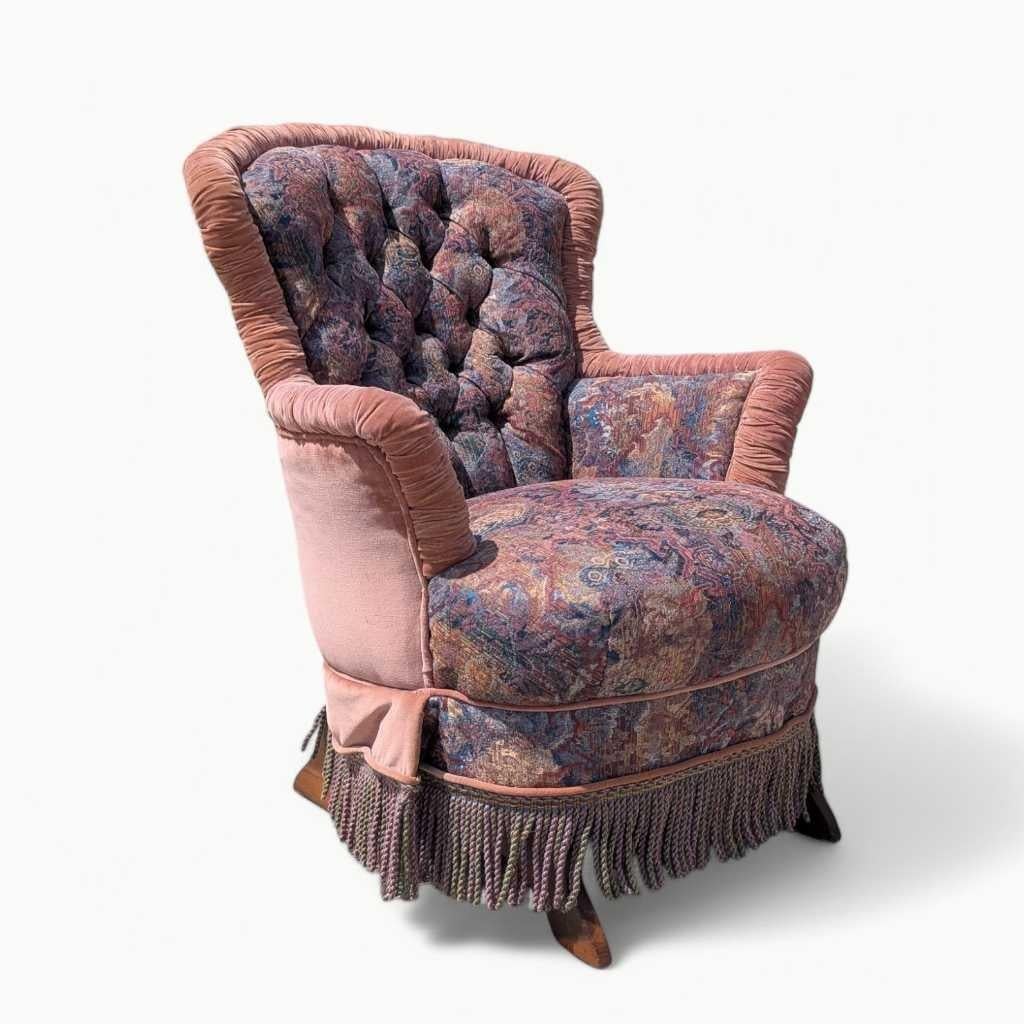 Sedia a dondolo vittoriana con cuscini, velluto floreale e frange, c. 1900, USA in vendita 2