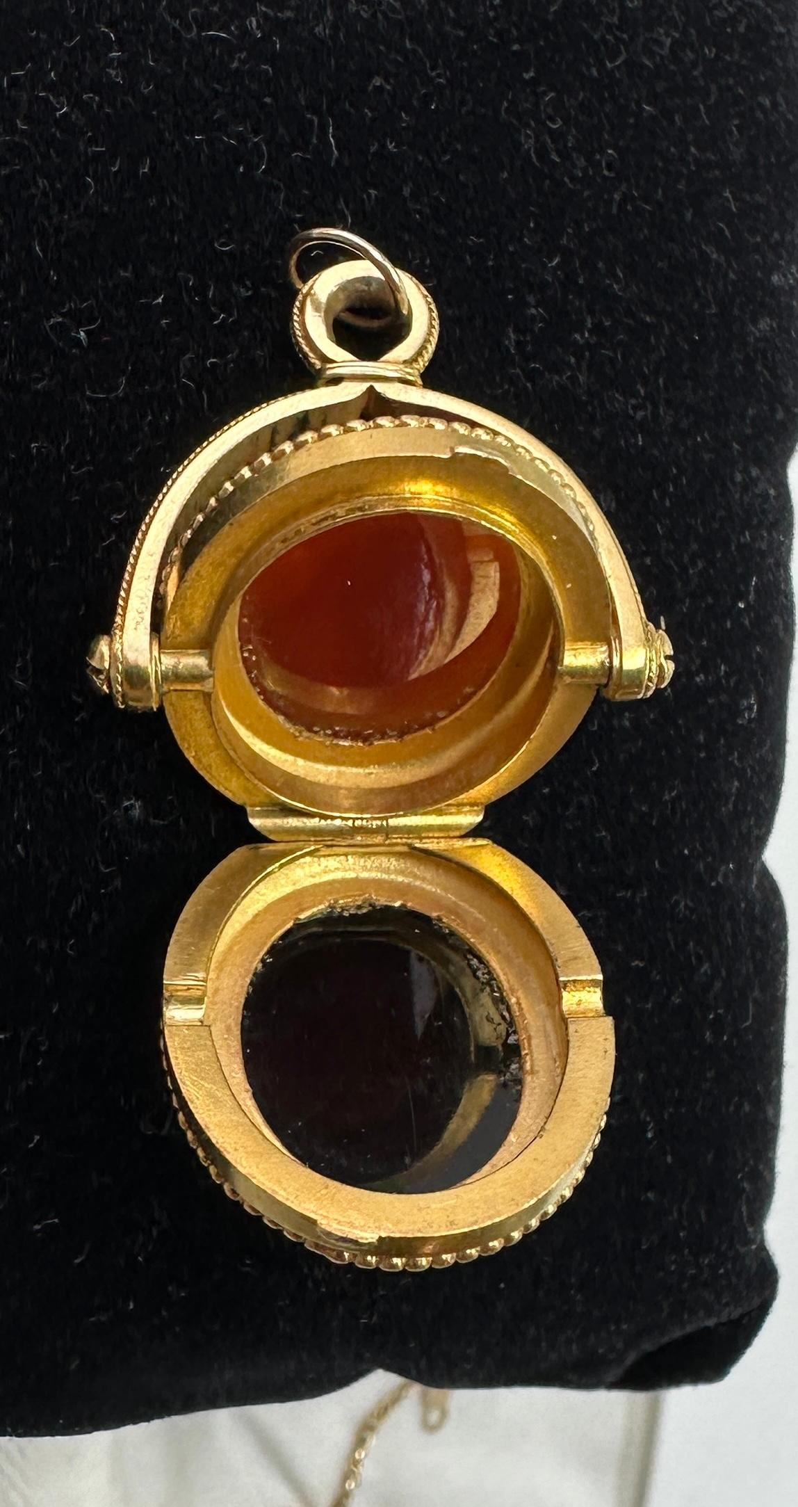 Shield Cut Victorian Tulip Crest Shield Intaglio Locket Pendant Necklace Agate Etruscan For Sale