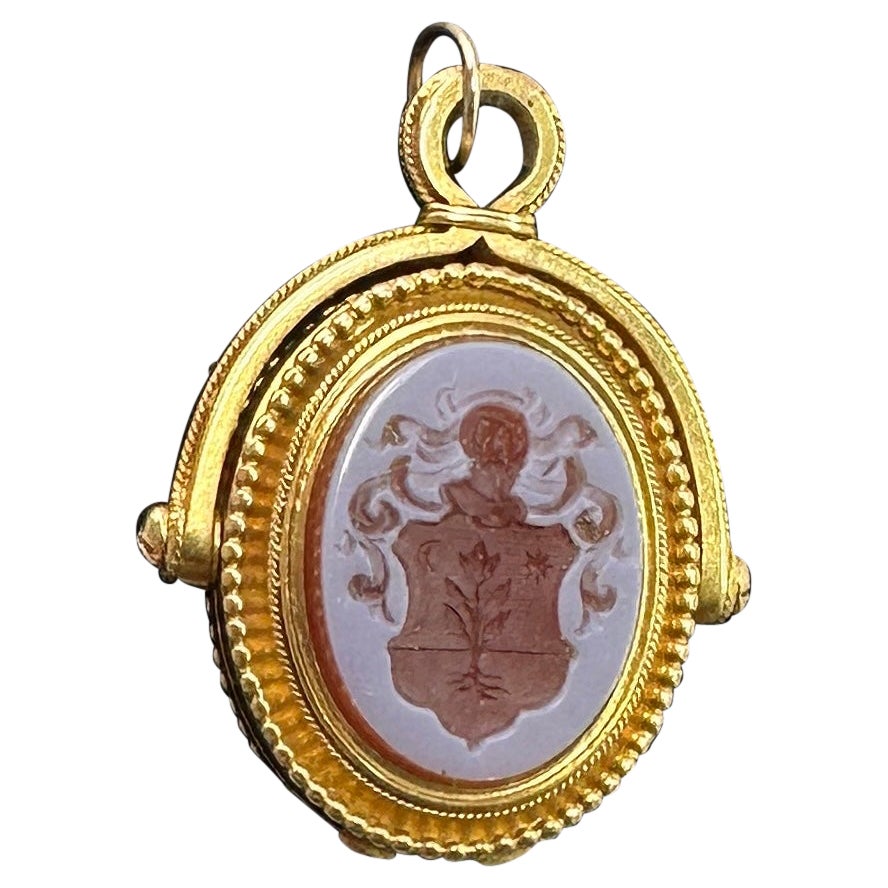 Victorian Tulip Crest Shield Intaglio Locket Pendant Necklace Agate Etruscan For Sale