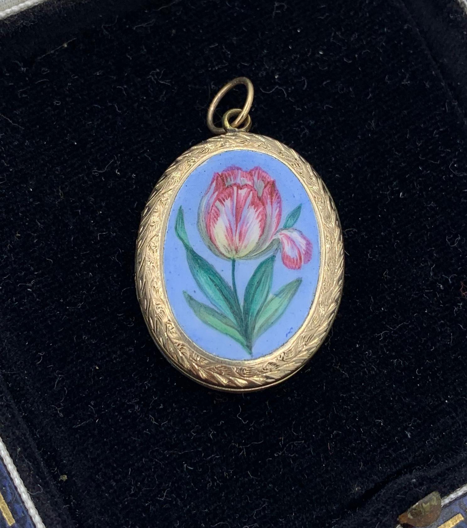 Victorian Tulip Flower Locket Enamel Gold Robins Egg Blue Art Nouveau 6