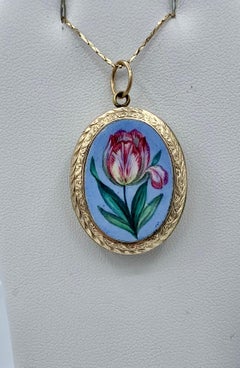 Victorian Tulip Flower Locket Enamel Gold Robins Egg Blue Art Nouveau