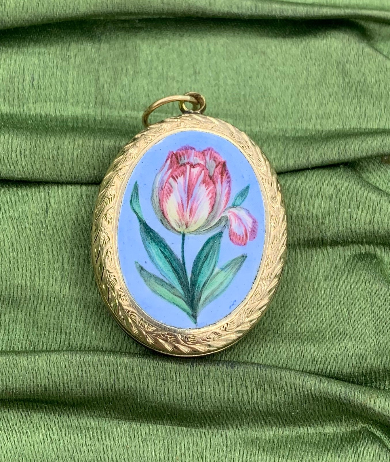 Victorian Tulip Flower Locket Enamel Gold Robins Egg Blue Art Nouveau 2