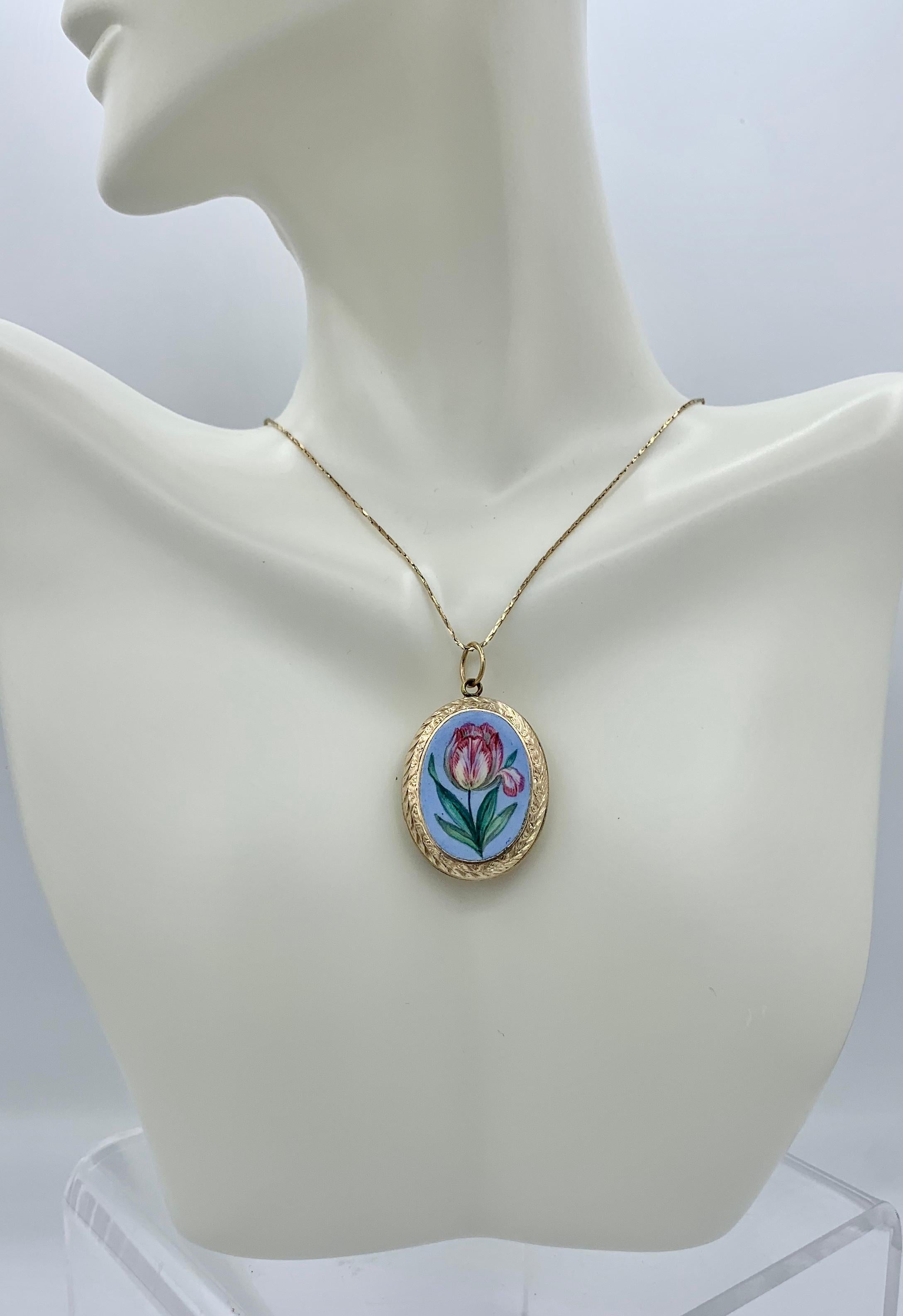 Victorian Tulip Flower Locket Enamel Gold Robins Egg Blue Art Nouveau 3
