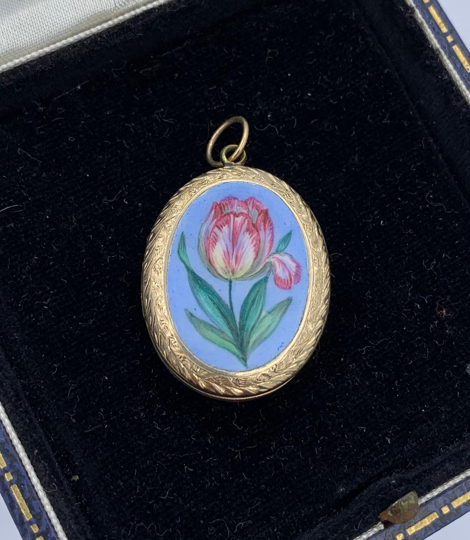 Victorian Tulip Flower Locket Enamel Gold Robins Egg Blue Art Nouveau 4