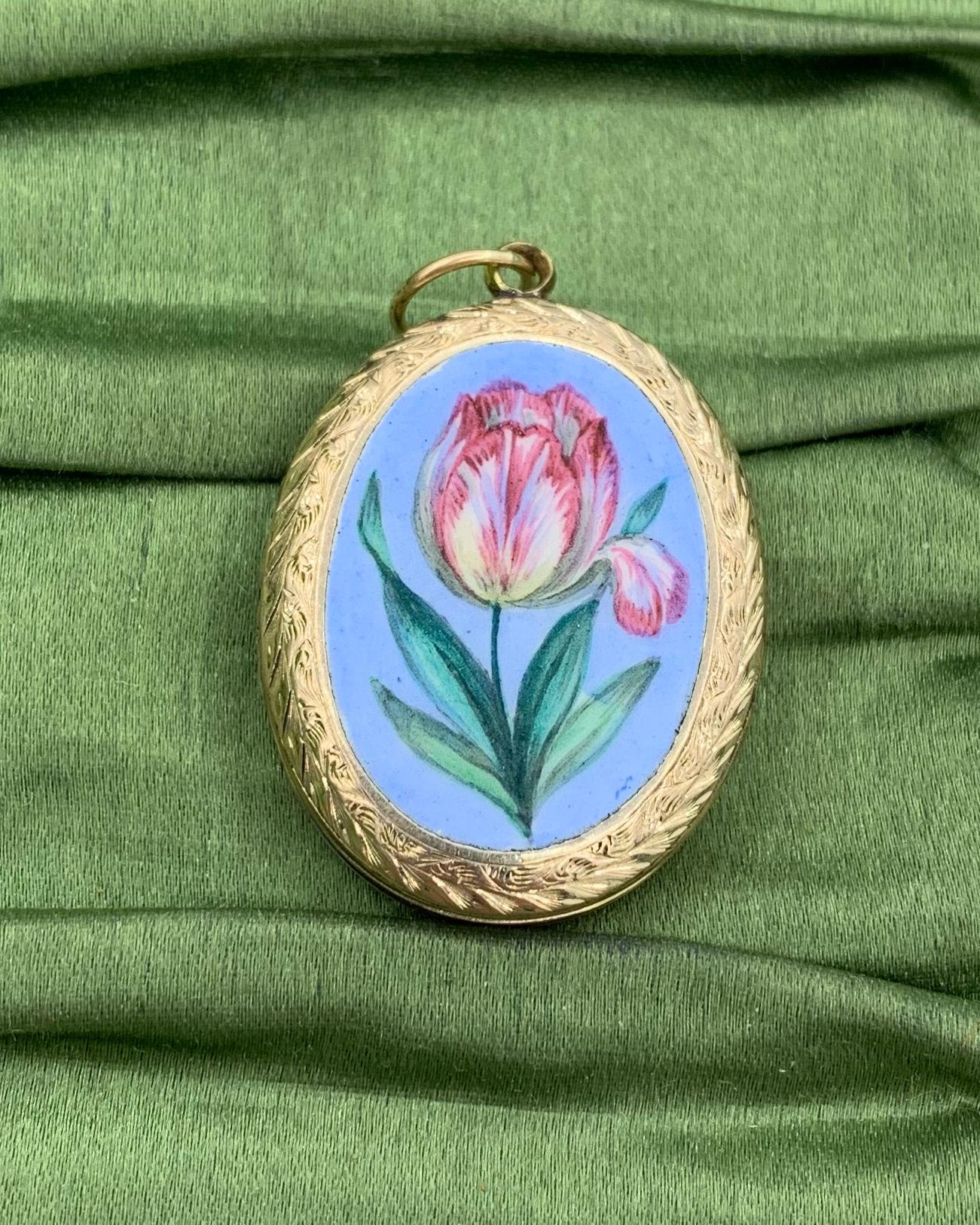 Victorian Tulip Flower Locket Enamel Gold Robins Egg Blue Art Nouveau 5