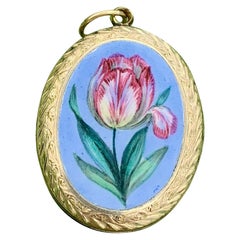 Victorian Tulip Flower Locket Enamel Gold Robins Egg Blue Art Nouveau