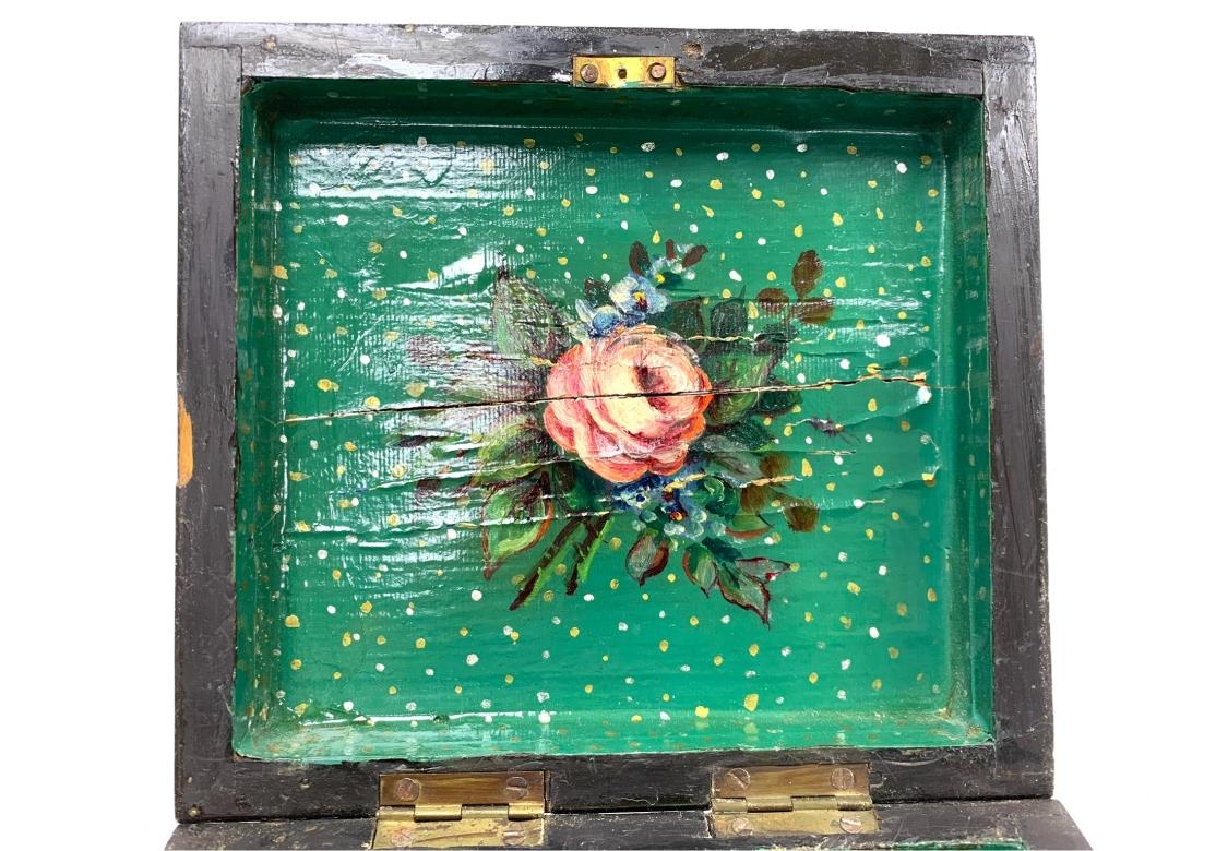 Caja victoriana de Tunbridge Ware con tapa e interior pintado en venta 1