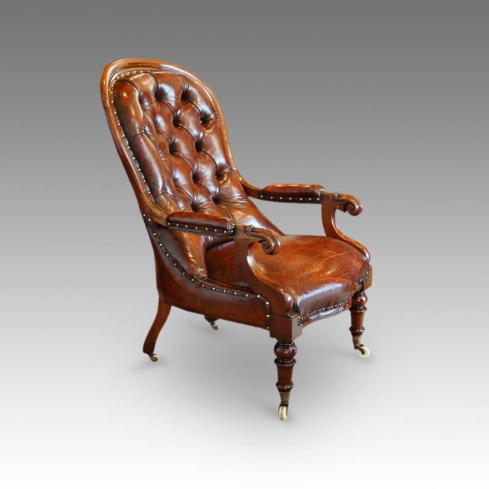 Mid-19th Century Victorian Turned Leg Leather Reading Chair
