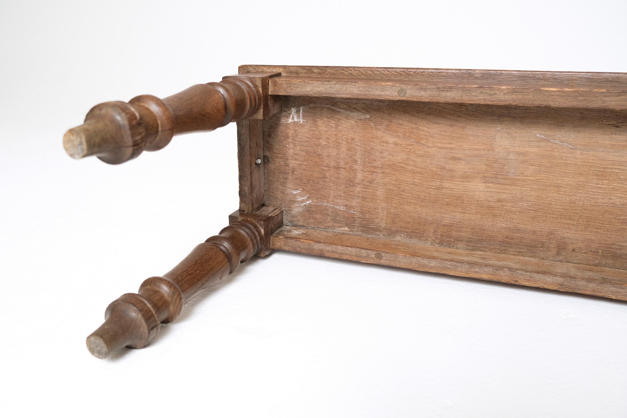 Victorian Turned-Leg Oak Hall Bench with Scroll Ends, England, Late 19th Century For Sale 4