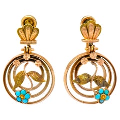 Victorian Turquoise 10 Karat Tri-Gold Floral Earrings