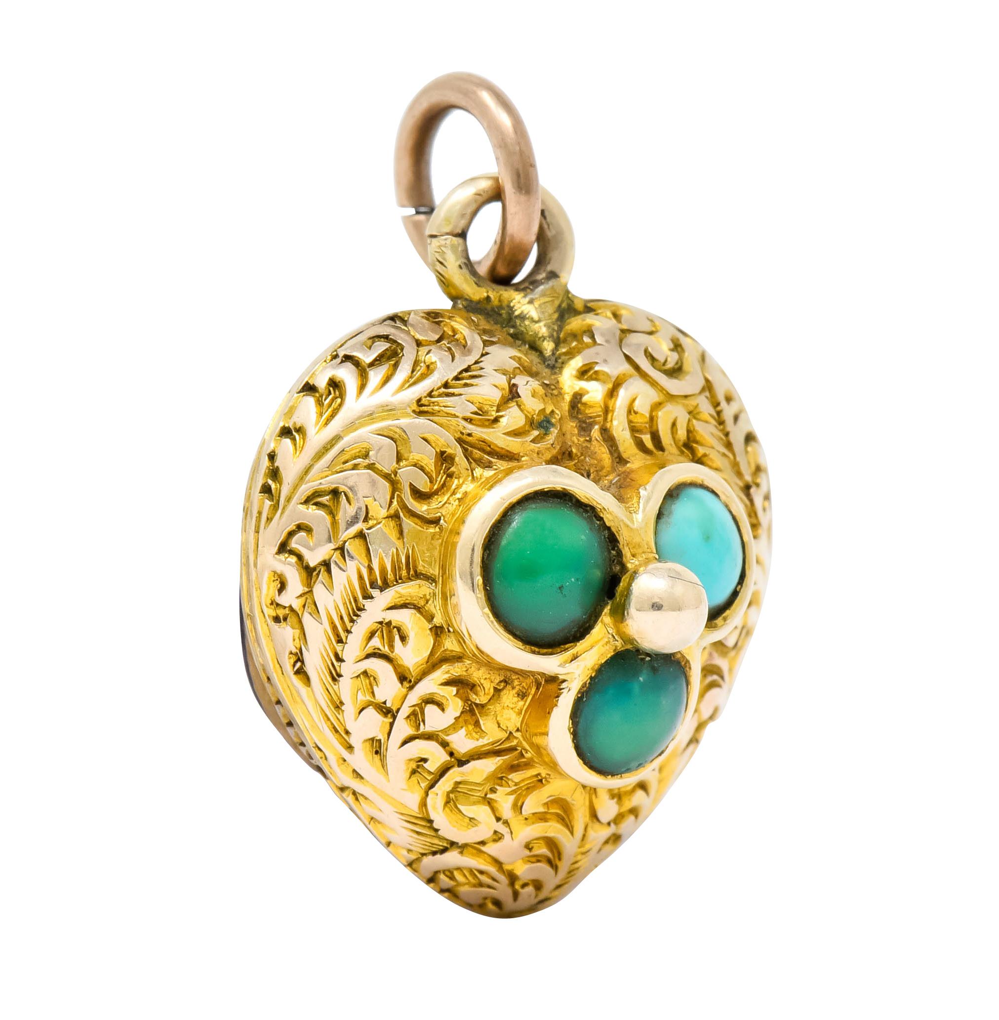 Oval Cut Victorian Turquoise 10 Karat Yellow Gold Engraved Heart Charm
