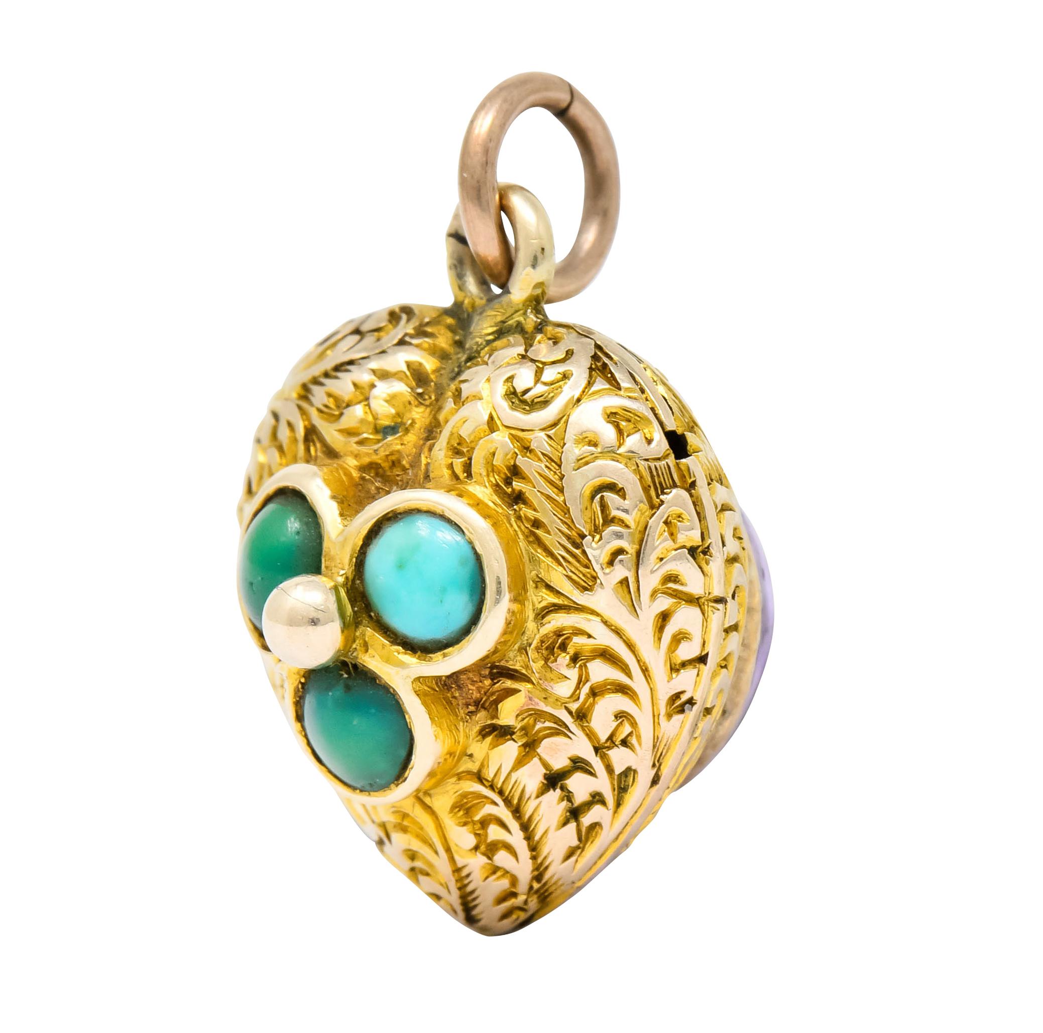 Victorian Turquoise 10 Karat Yellow Gold Engraved Heart Charm In Excellent Condition In Philadelphia, PA