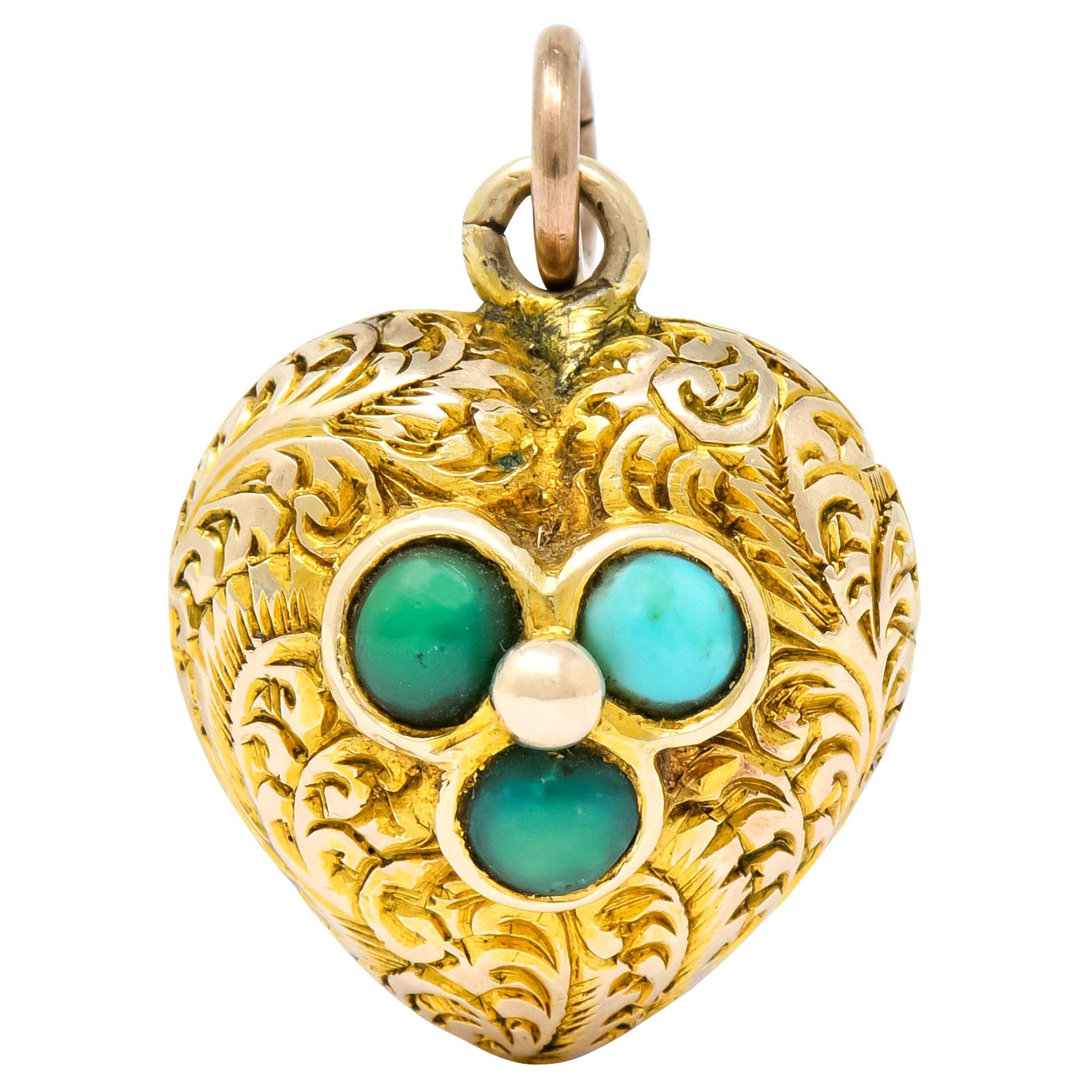 Victorian Turquoise 10 Karat Yellow Gold Engraved Heart Charm