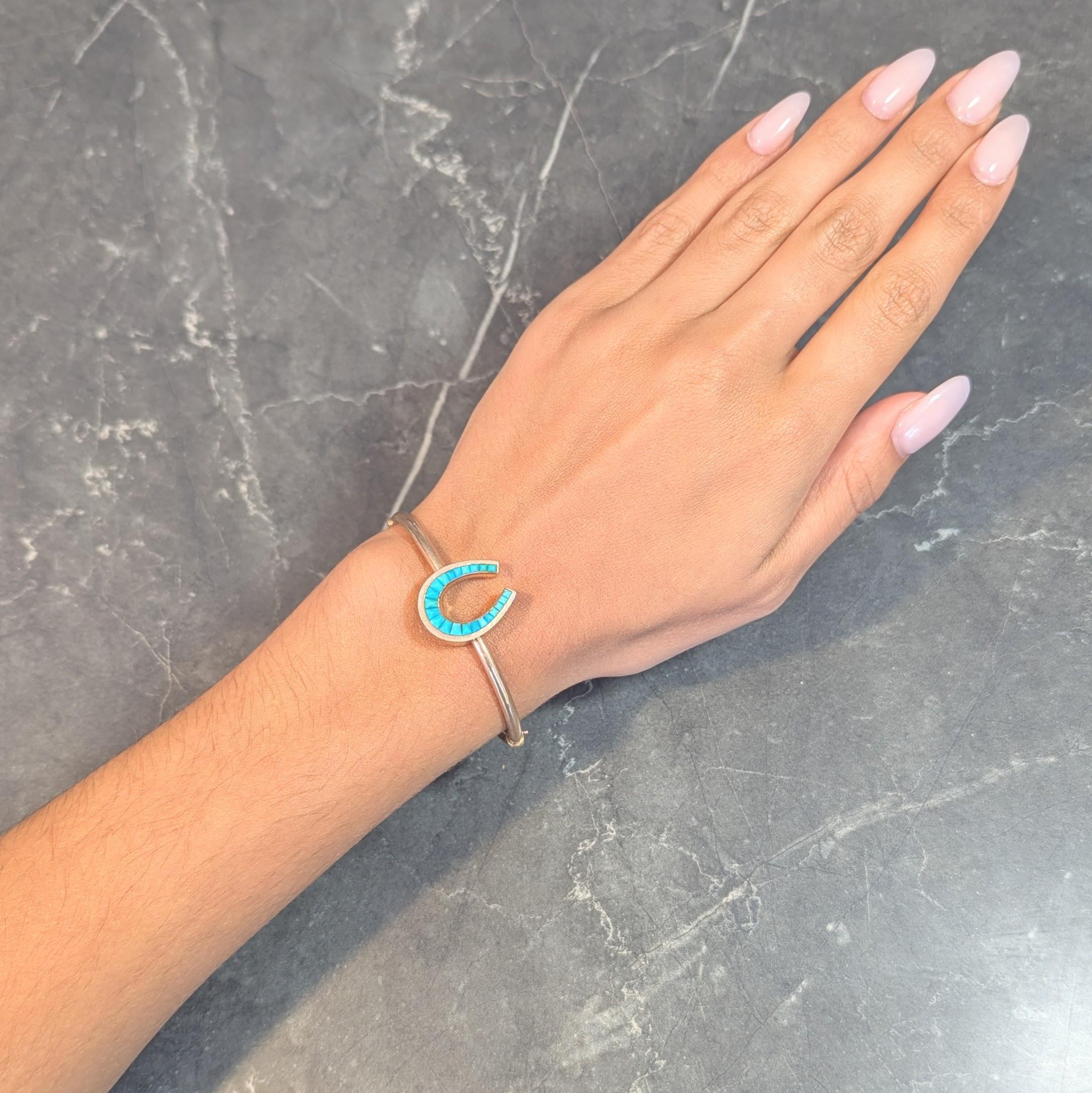 Round Cut Victorian Turquoise 14 Karat Rose Gold Antique Horseshoe Bangle Bracelet