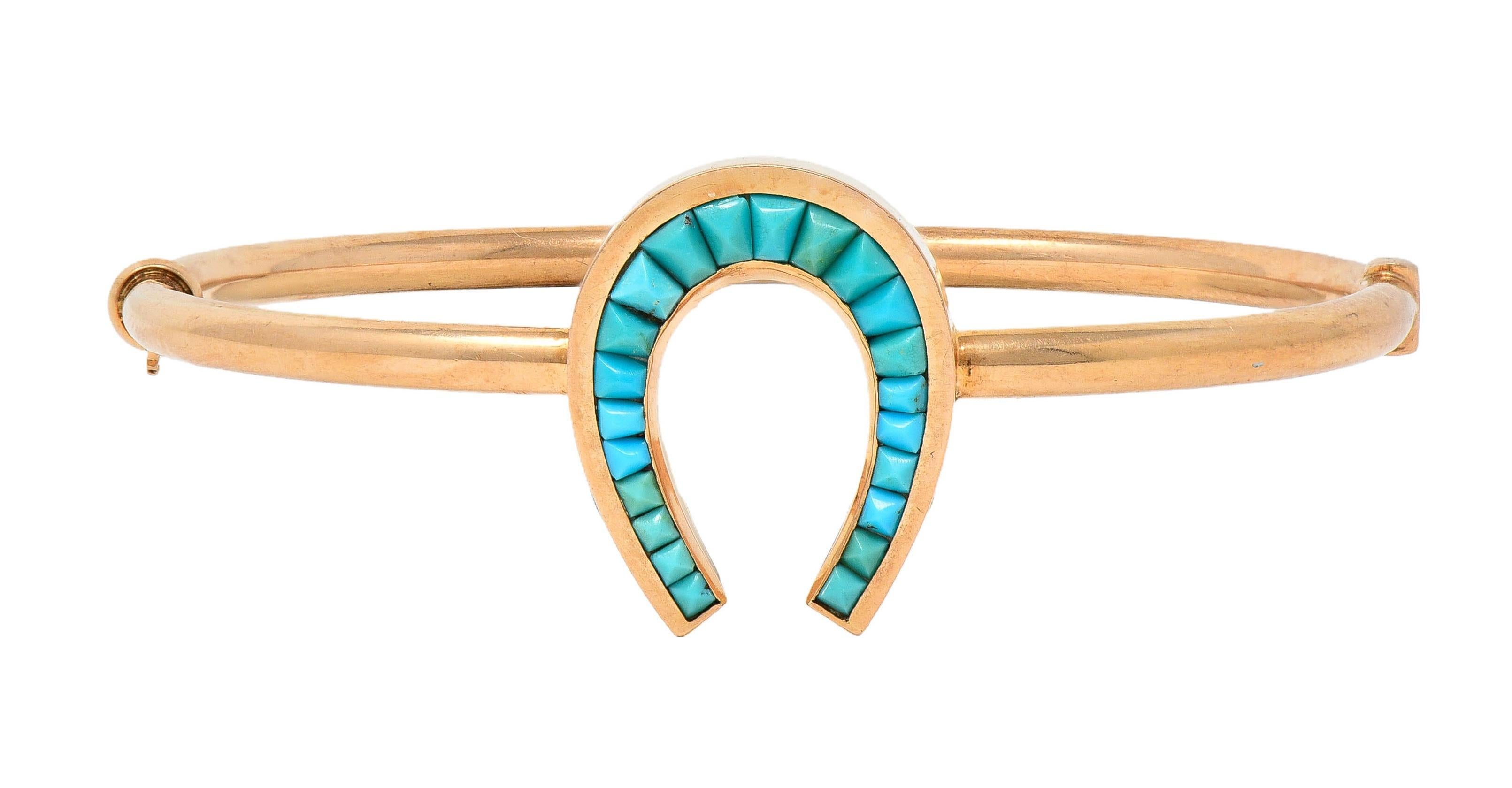 Victorian Turquoise 14 Karat Rose Gold Antique Horseshoe Bangle Bracelet In Excellent Condition In Philadelphia, PA