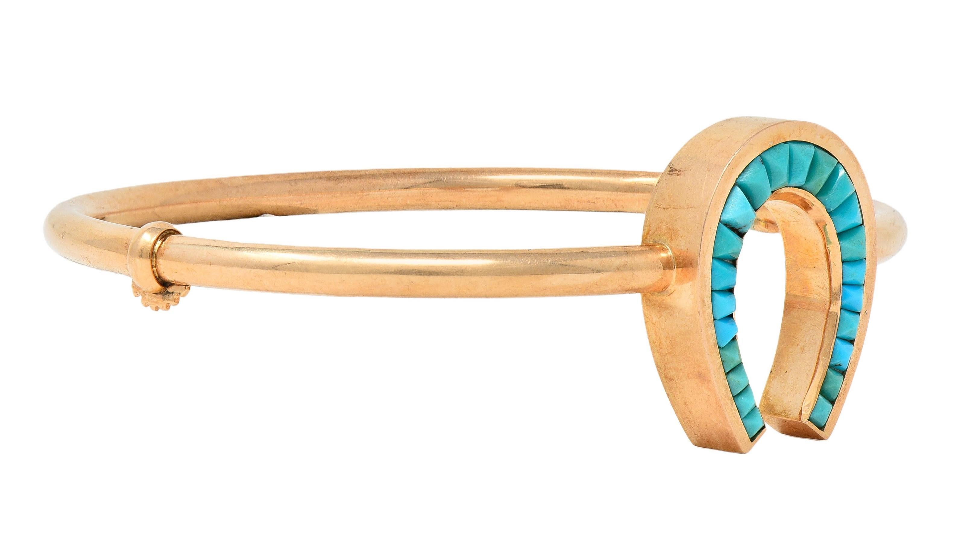 Women's or Men's Victorian Turquoise 14 Karat Rose Gold Antique Horseshoe Bangle Bracelet