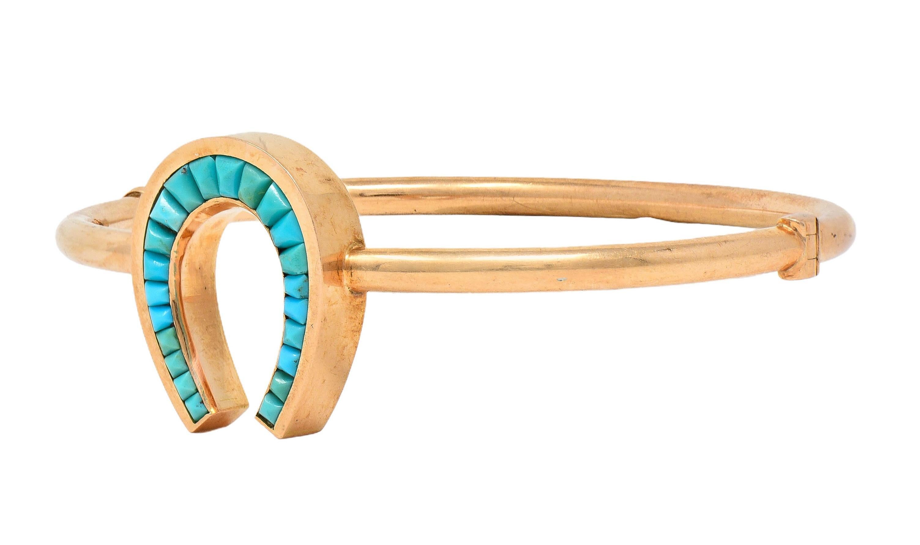 Victorian Turquoise 14 Karat Rose Gold Antique Horseshoe Bangle Bracelet 4