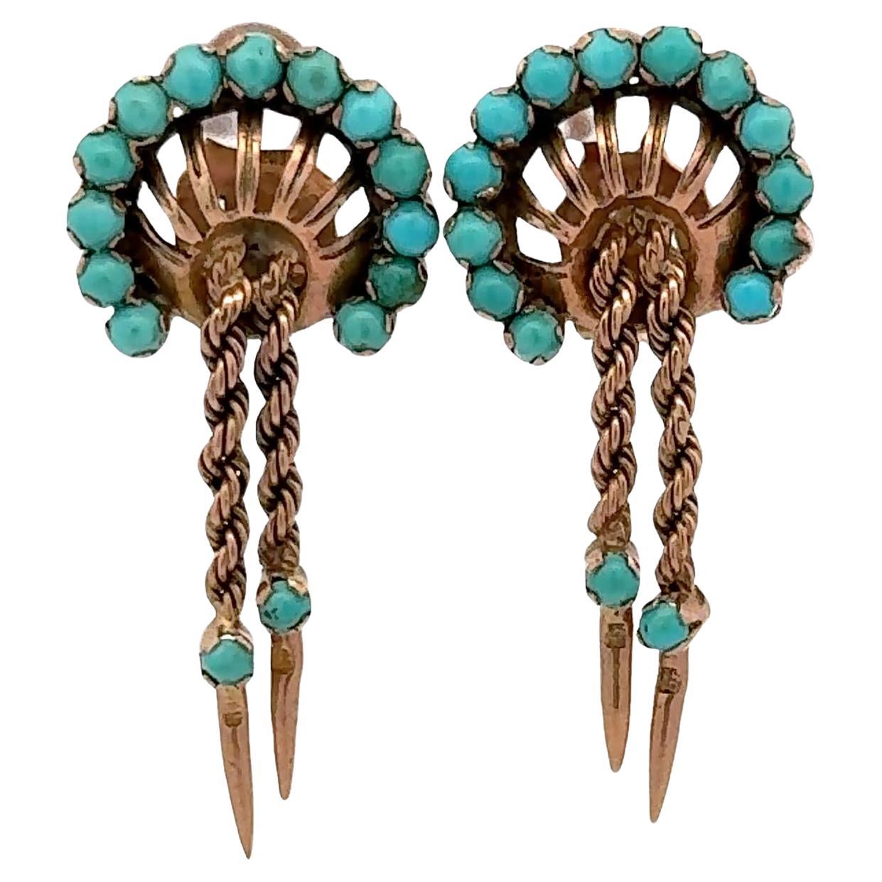 Victorian Turquoise 14 Karat Yellow Gold Dangle Leverback Vintage Earrings