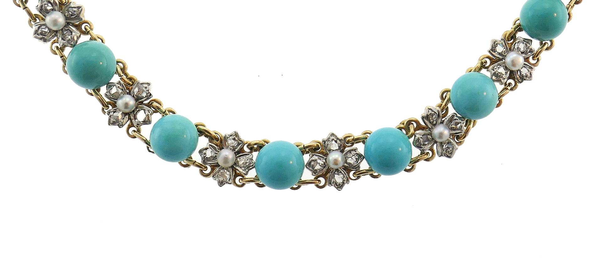 Mixed Cut Victorian Turquoise 14k Gold Necklace