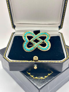 Victorian Turquoise 15ct Gold Double Heart Lover’s Knot Brooch, Circa 1880’s