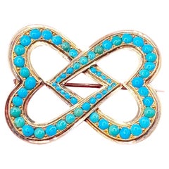 Victorian Turquoise 15ct Gold Double Heart Lover’s Knot Brooch, Circa 1880’s