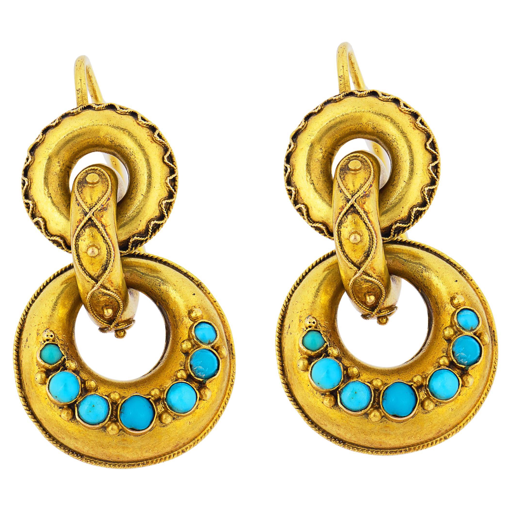 Victorian 15k Yellow Gold Turquoise Drop Earrings, Antique Cabochon