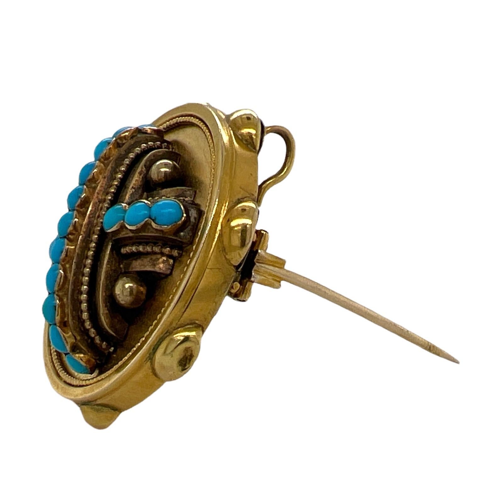 Bead Victorian Turquoise 18 Karat Yellow Gold Antique Brooch Pendant For Sale