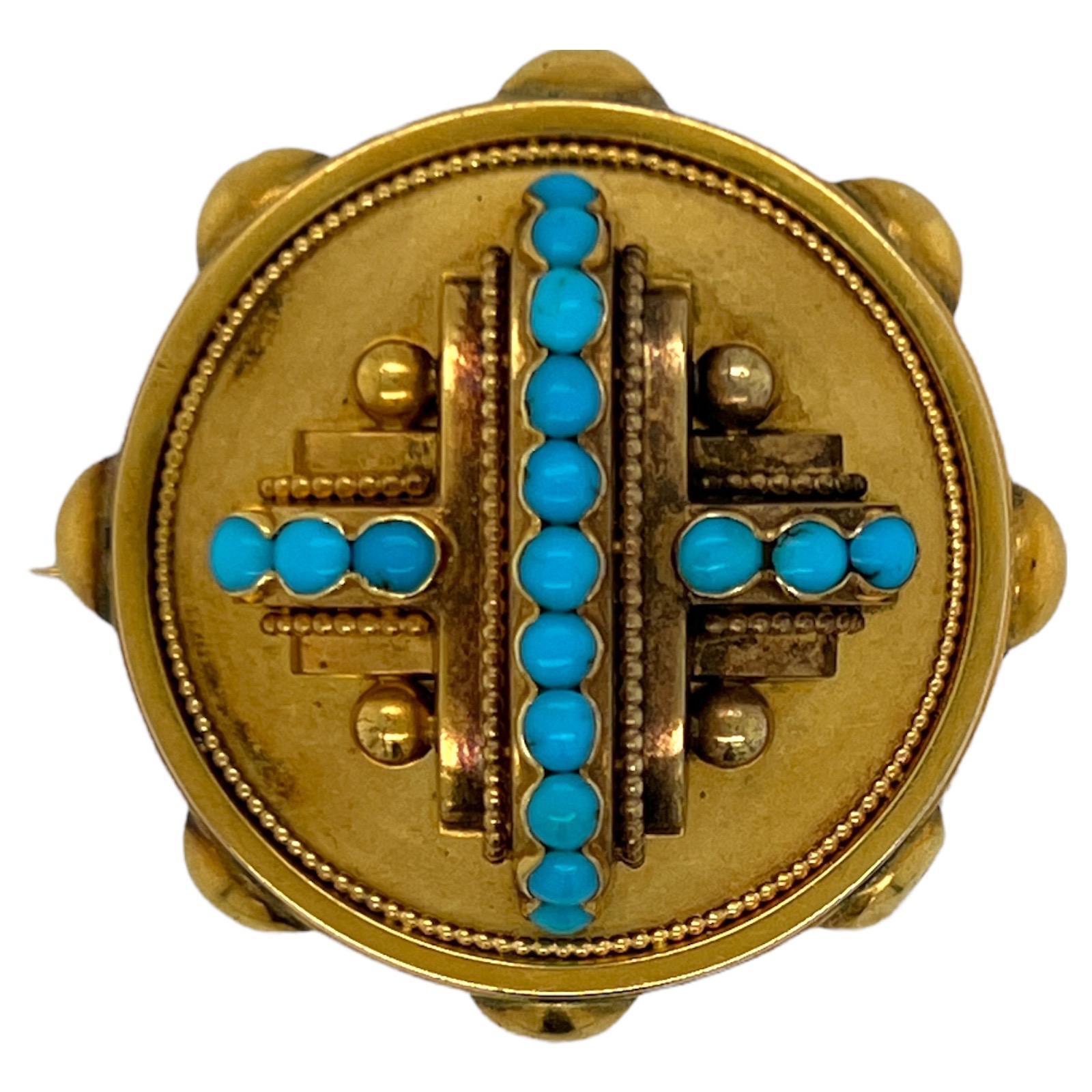 Antiker viktorianischer Türkis-Broschenanhänger aus 18 Karat Gelbgold (Perle) im Angebot