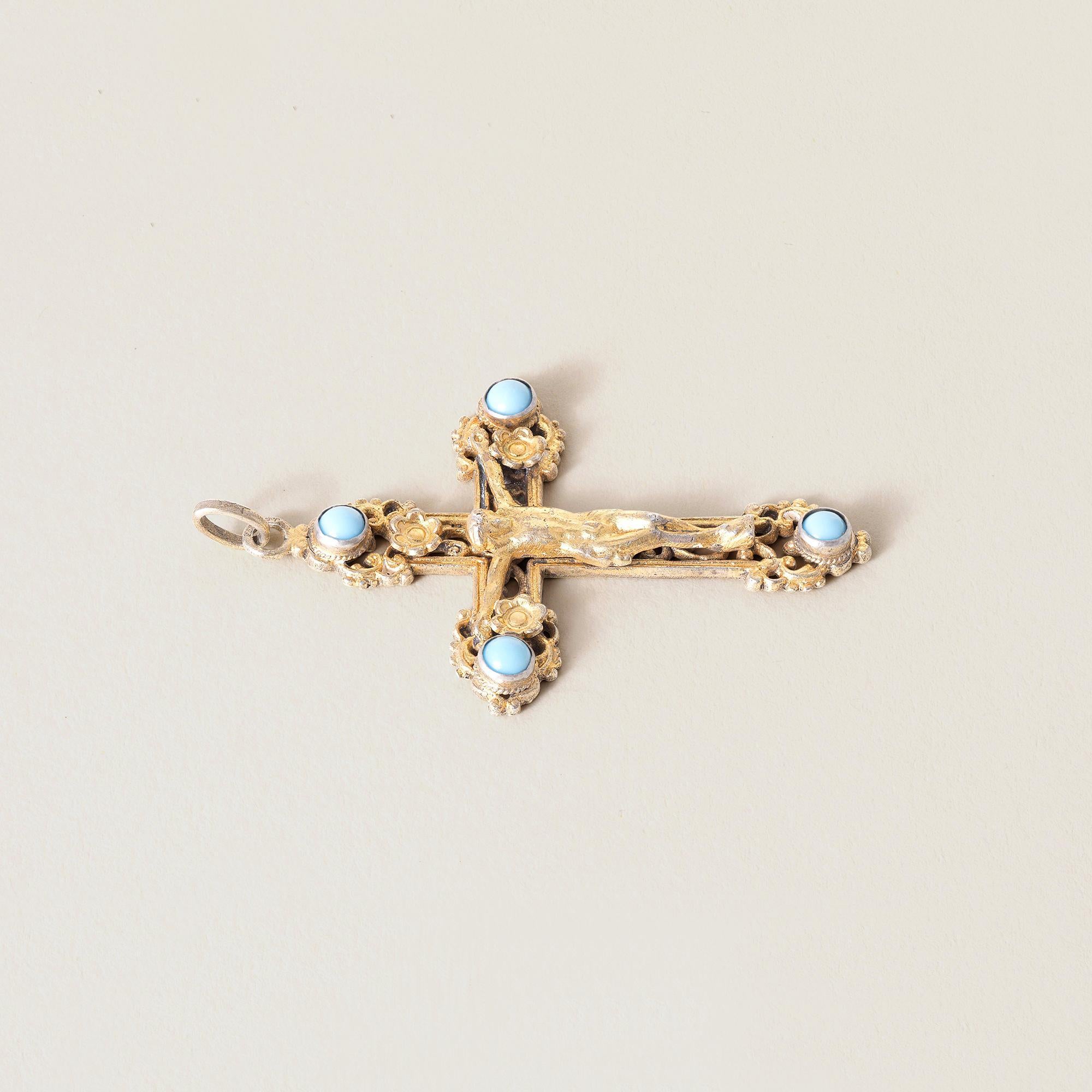 Cabochon Victorian Turquoise 18K Gold and Silver Jesus on Cross Pendant For Sale