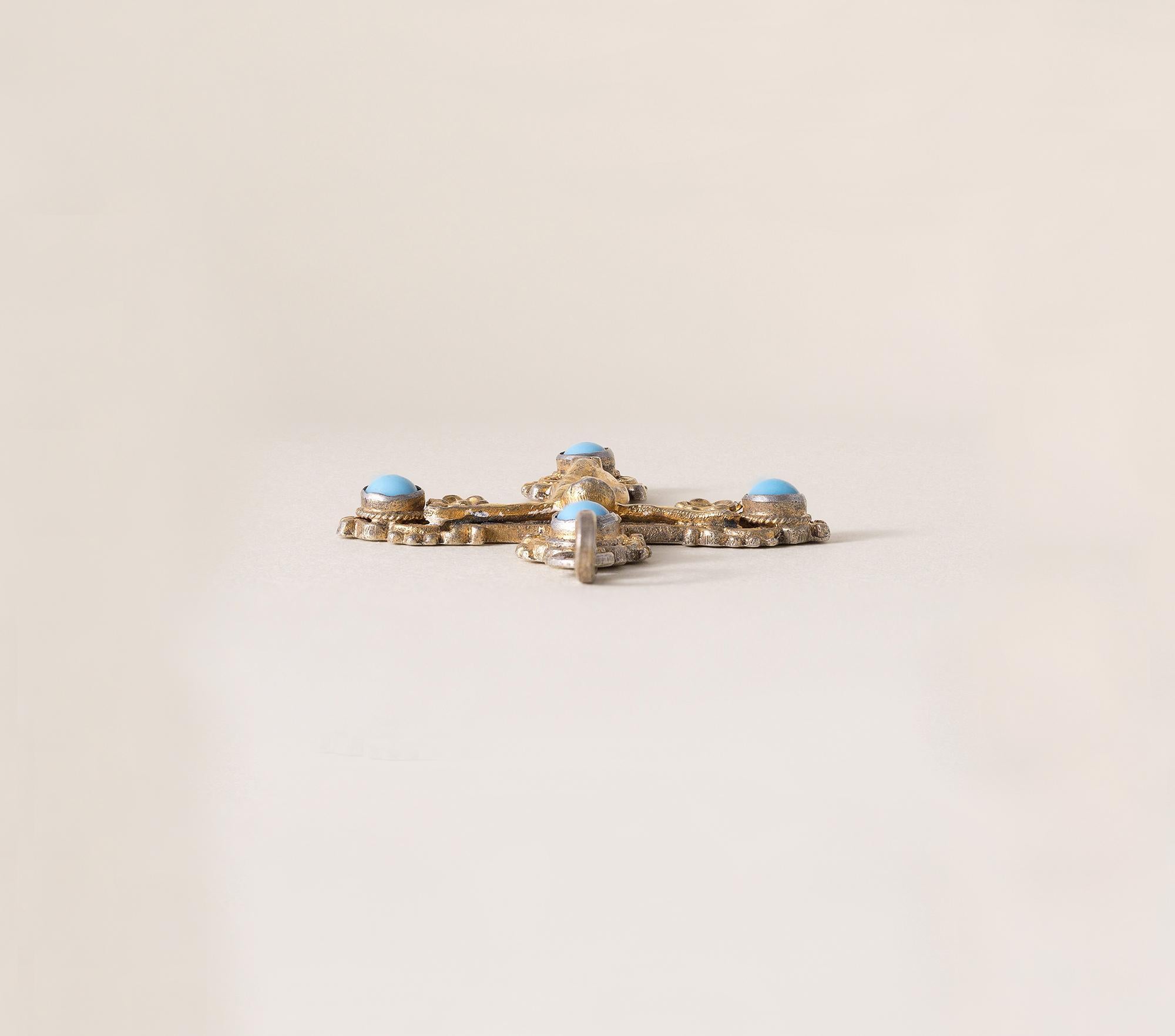 Victorian Turquoise 18K Gold and Silver Jesus on Cross Pendant In Good Condition For Sale In Los Angeles, CA