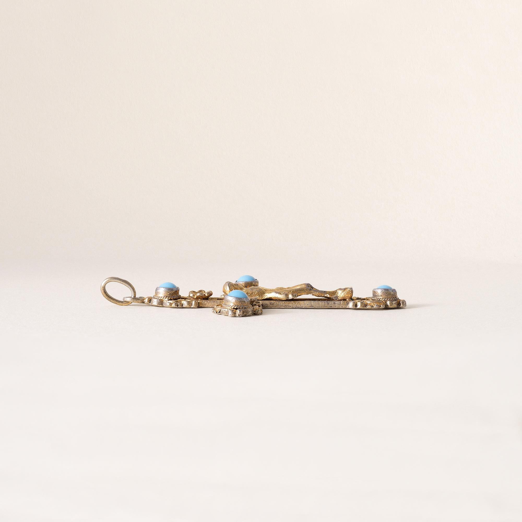 Victorian Turquoise 18K Gold and Silver Jesus on Cross Pendant For Sale 1