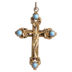 Antique Victorian Turquoise 18K Gold and Silver Jesus on Cross Pendant