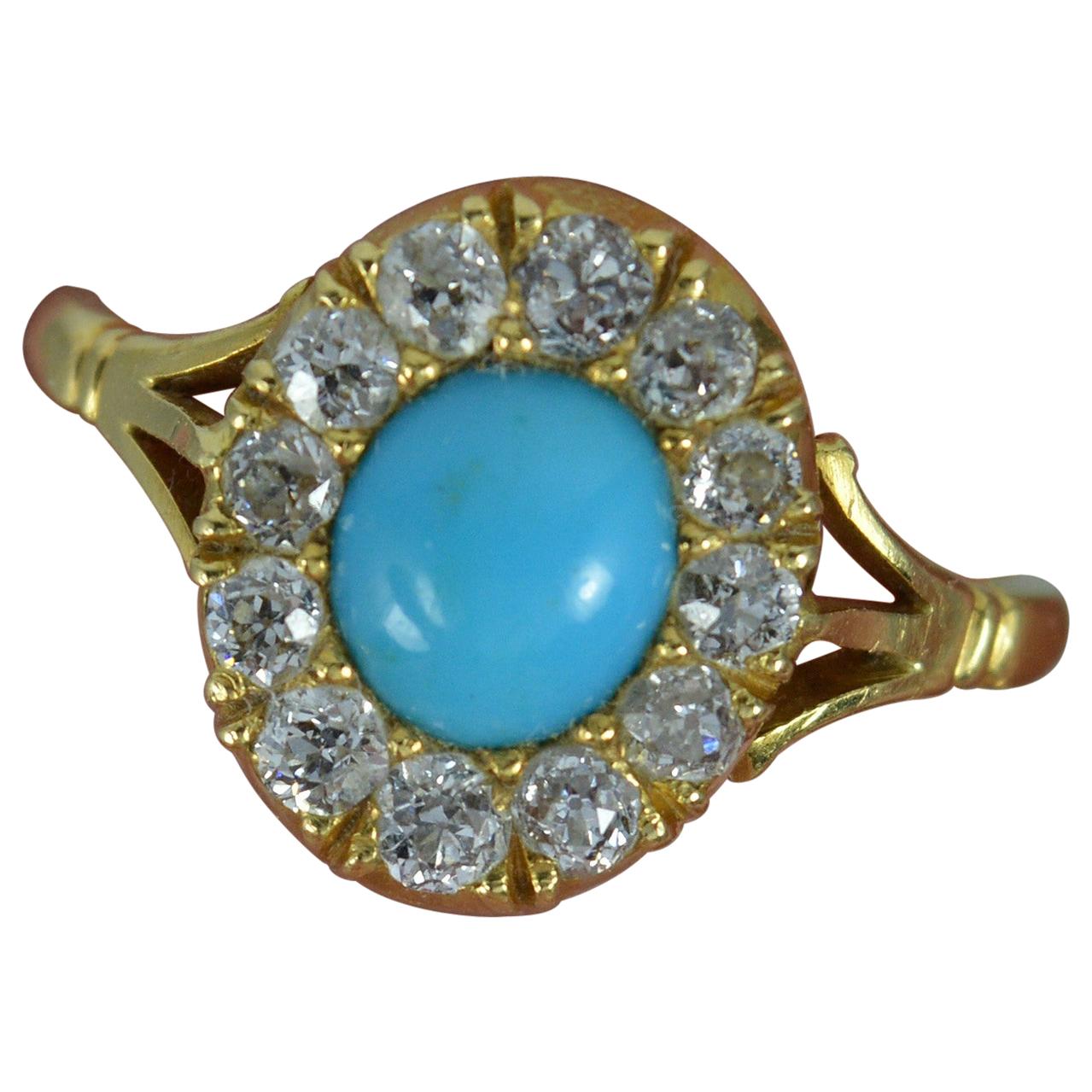 Victorian Turquoise and 0.5 Carat Old Cut Diamond 18 Carat Gold Cluster Ring
