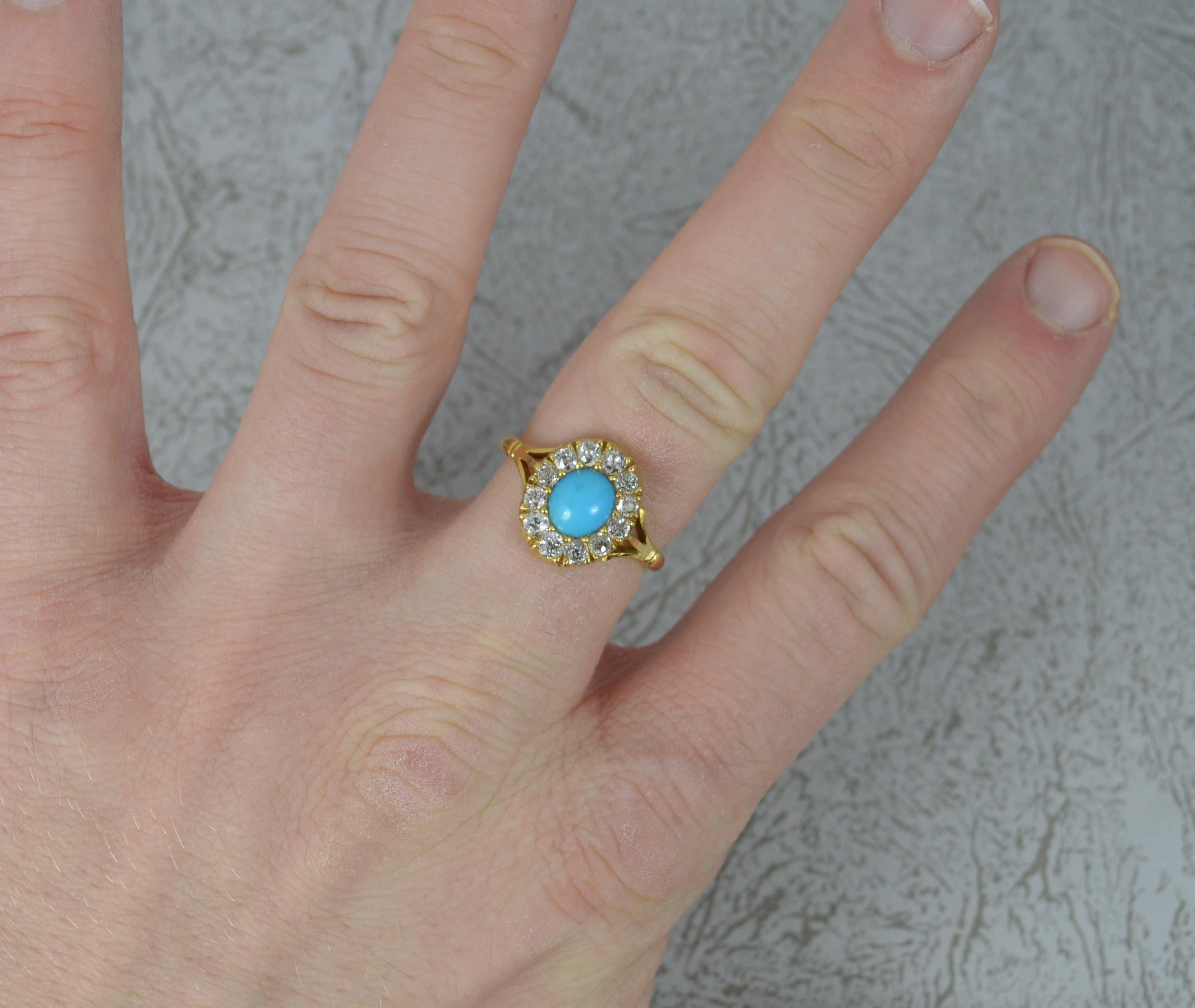 Victorian Turquoise and 0.5 Carat Old Cut Diamond 18 Carat Gold Cluster Ring 5