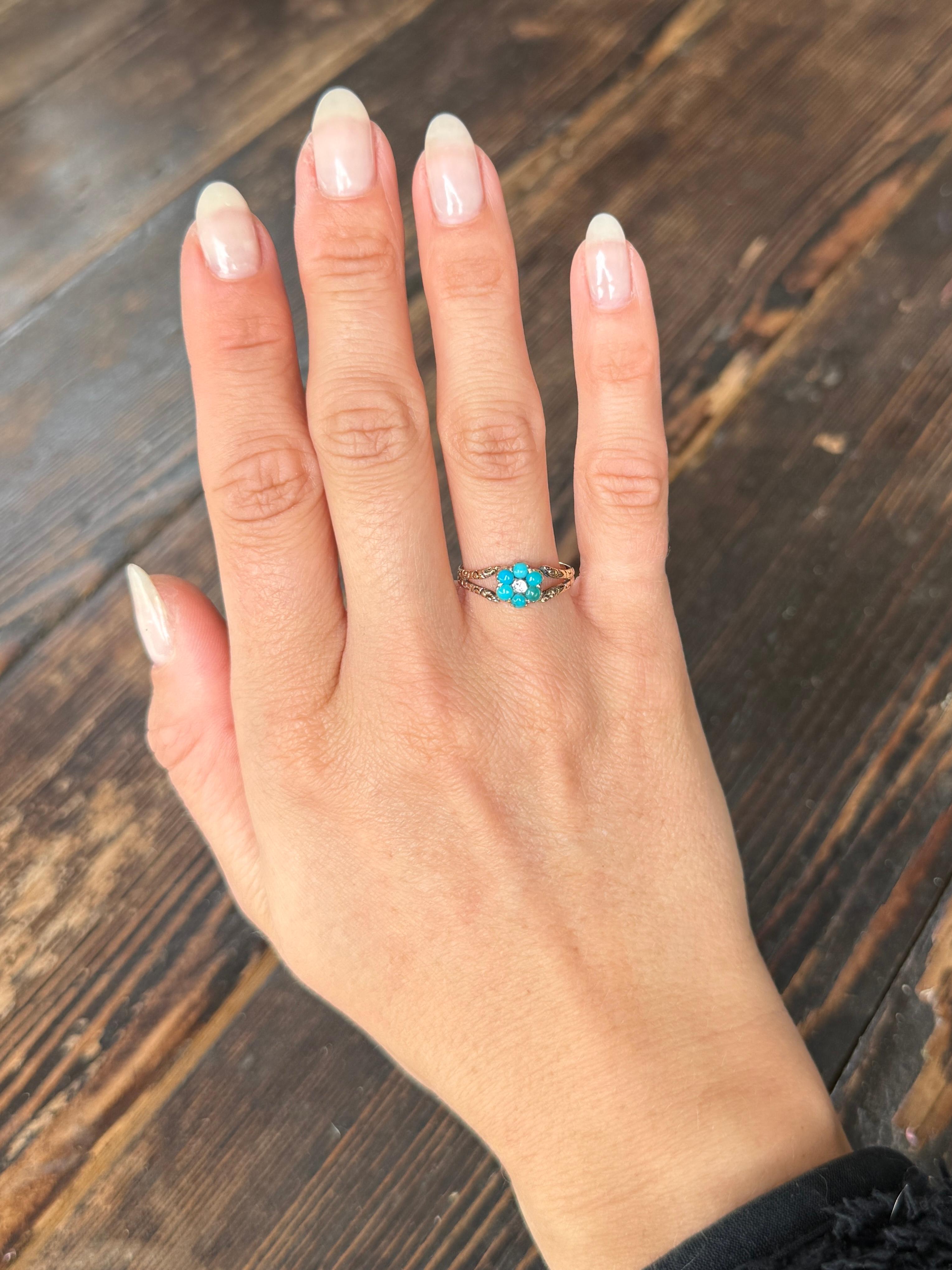Round Cut Victorian Turquoise and 15 Carat Gold Cluster Ring For Sale