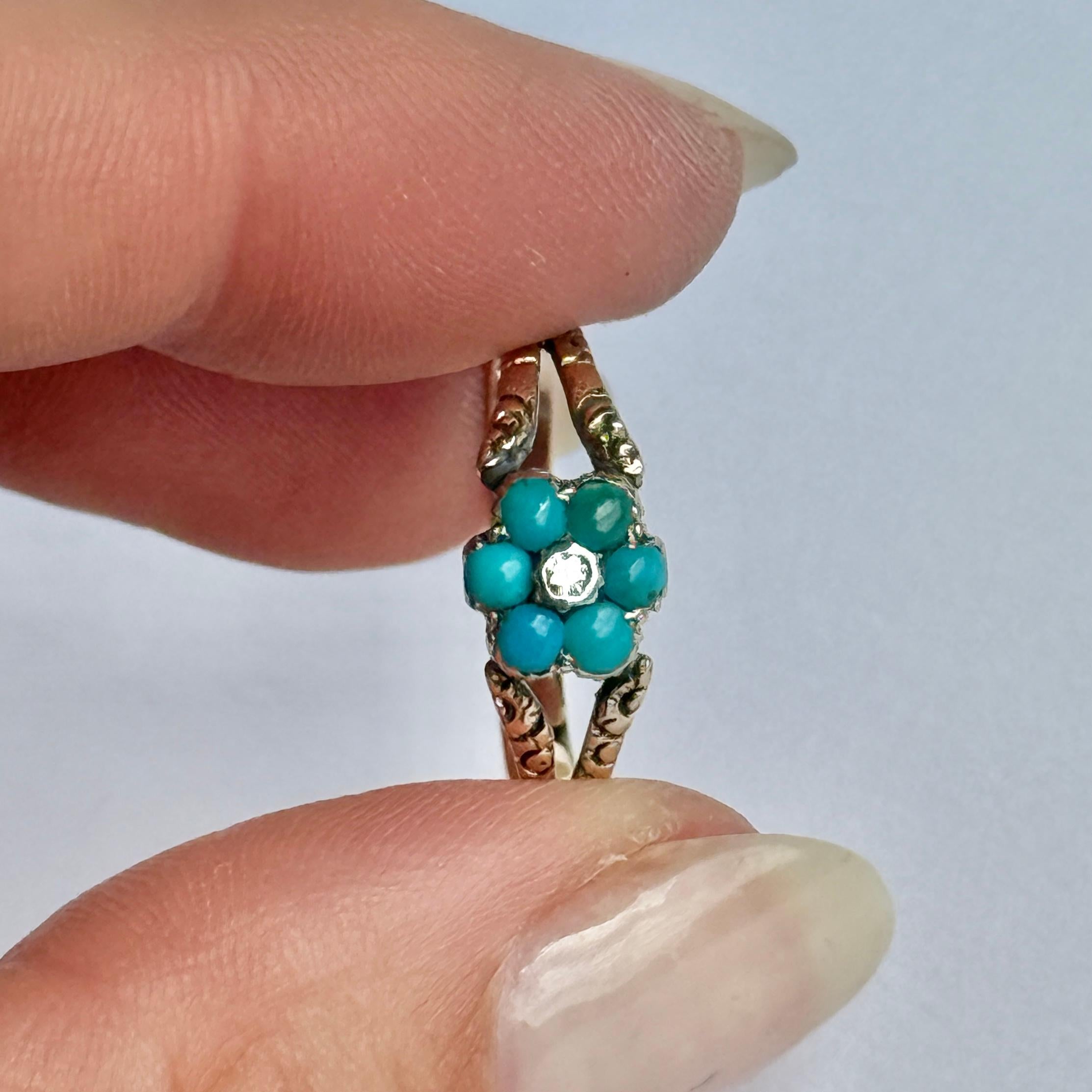 Victorian Turquoise and 15 Carat Gold Cluster Ring In Good Condition For Sale In Chipping Campden, GB