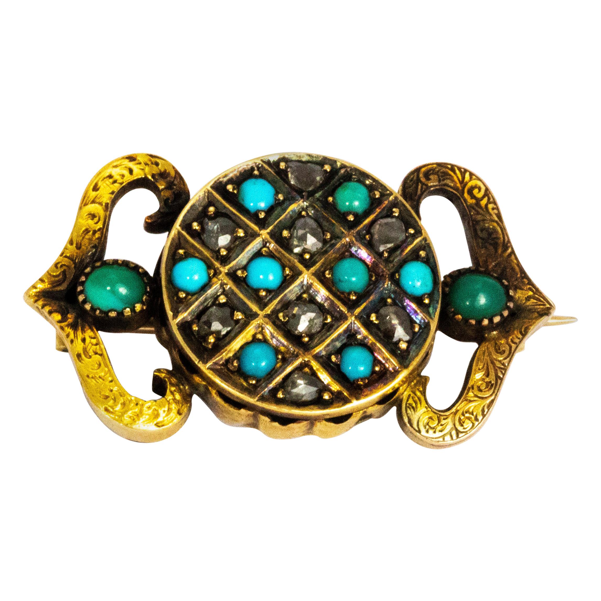Victorian Turquoise and 9 Carat Gold Locket Back Brooch For Sale