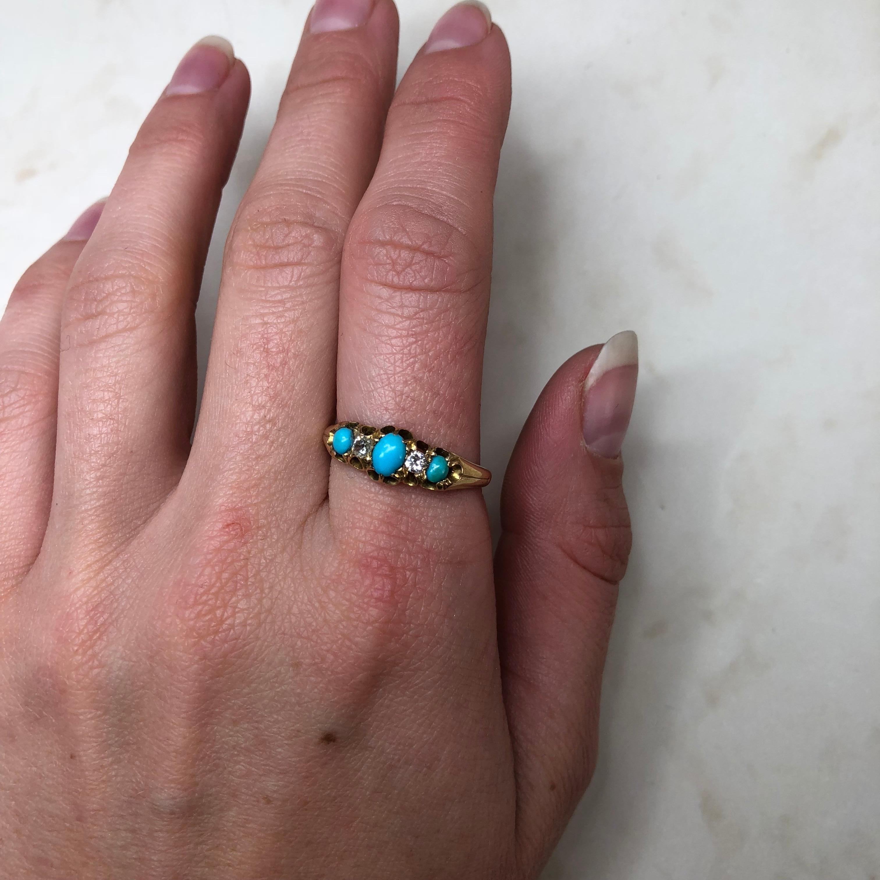 Victorian Turquoise and Diamond 18 Carat Three-Stone Ring In Good Condition In Chipping Campden, GB