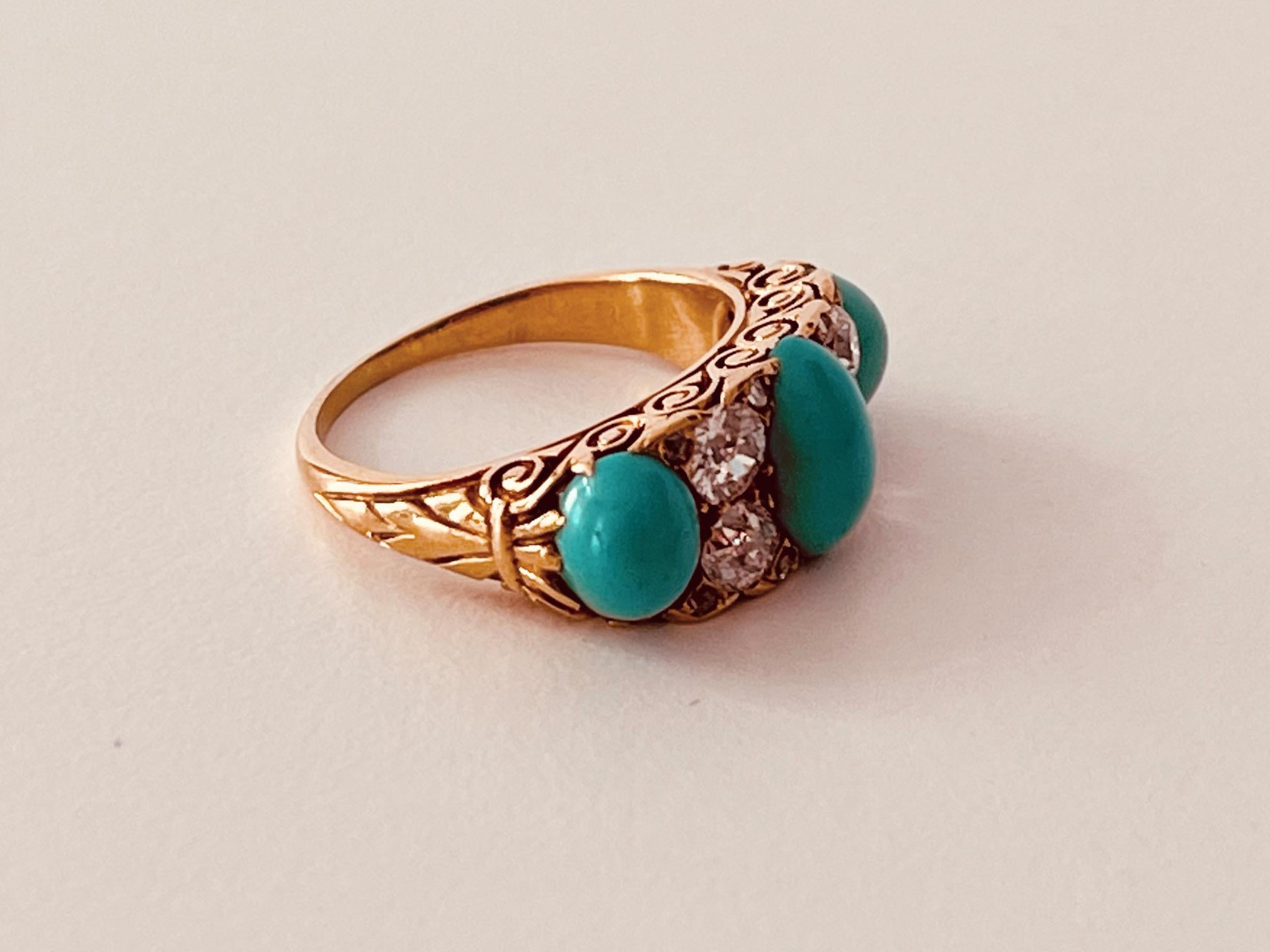 Victorian turquoise and diamond 7-stone ring. The 3 cabochon turquoises interspersed with 4 old cut diamonds and with tiny rose-diamond spacers. Unmarked but tests as 18ct yellow gold. 7.2 grams. Ring is resizable. Size: N (UK), 54 (EU), 7 (US),